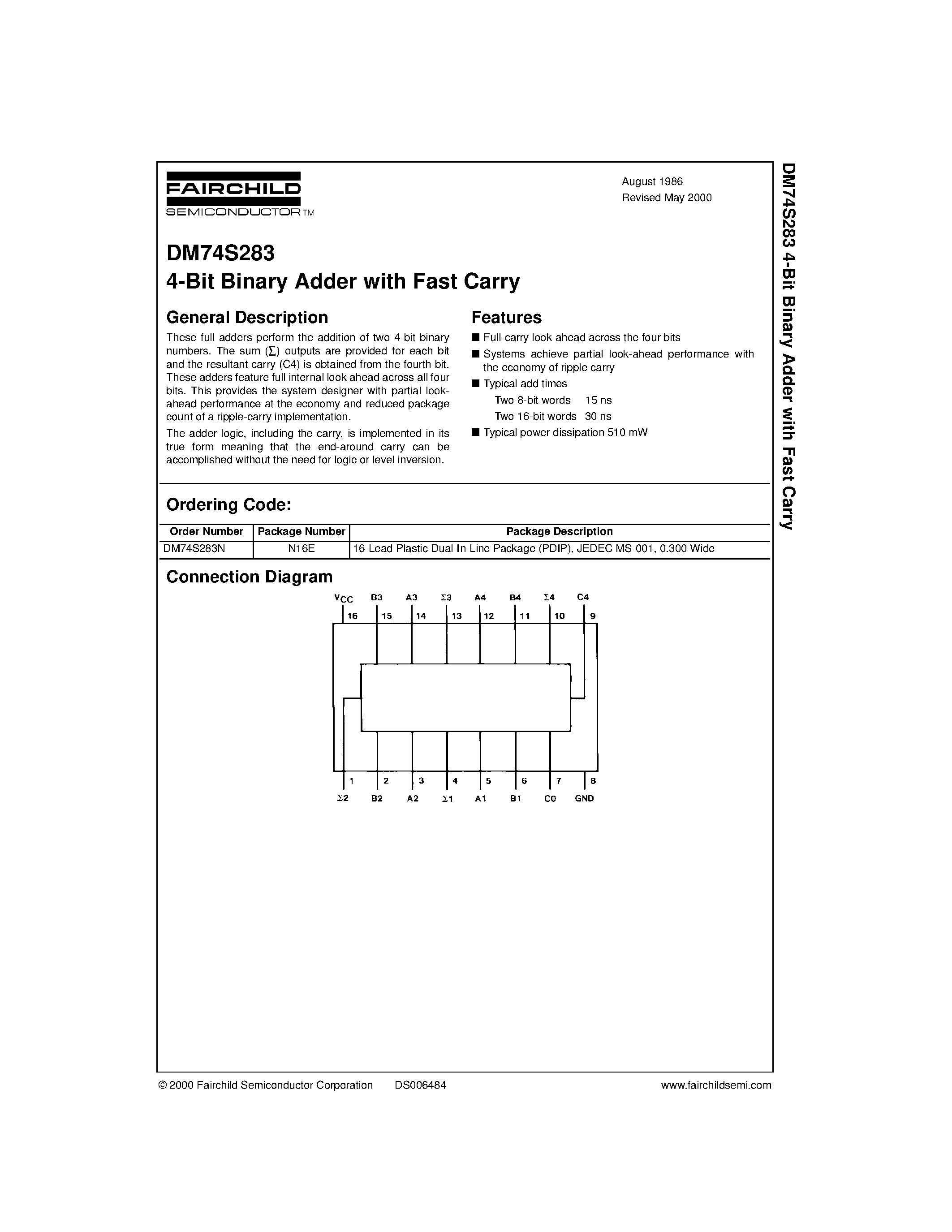 Datasheet DM74S283 - 4-Bit Binary Adder with Fast Carry page 1