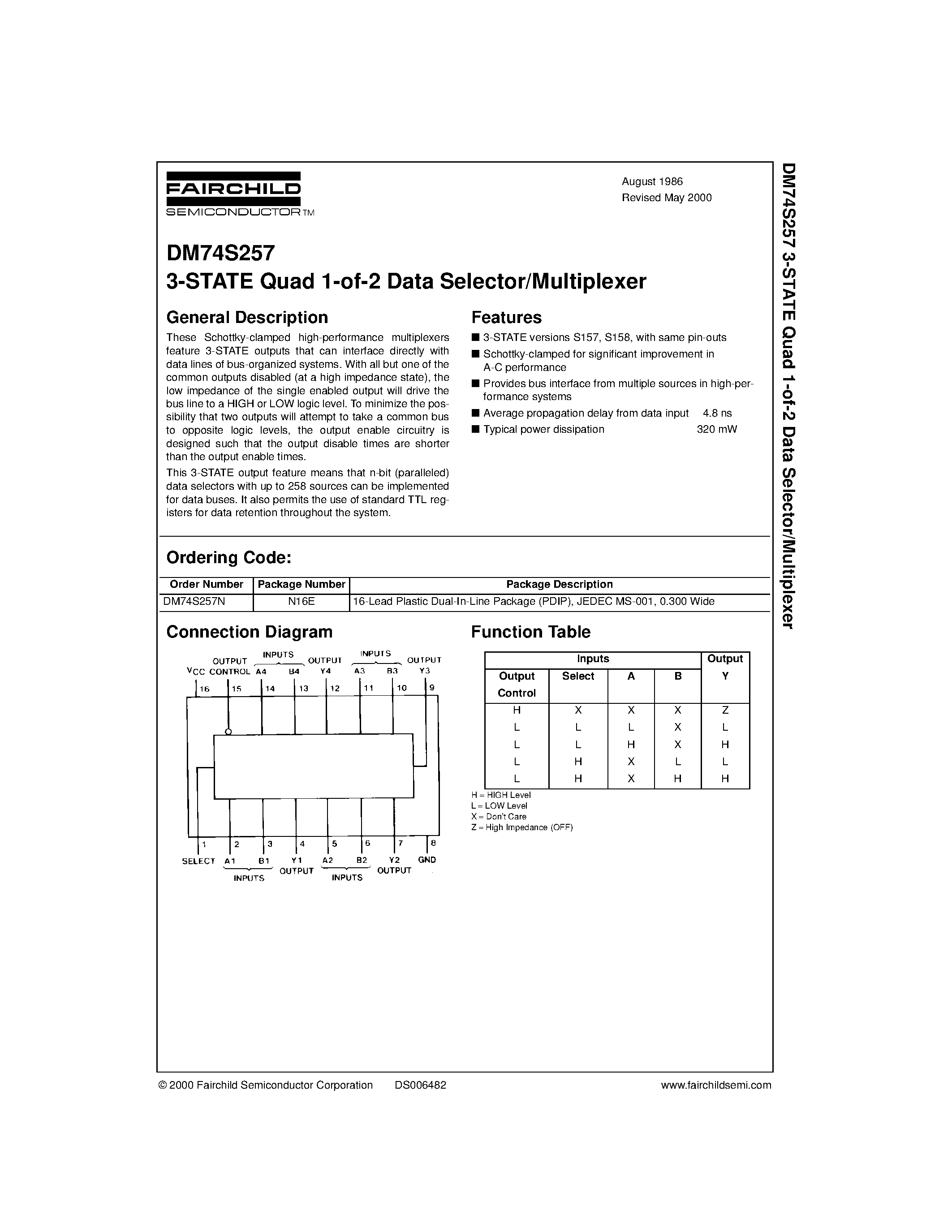 Datasheet DM74S257 - 3-STATE Quad 1-of-2 Data Selector/Multiplexer page 1