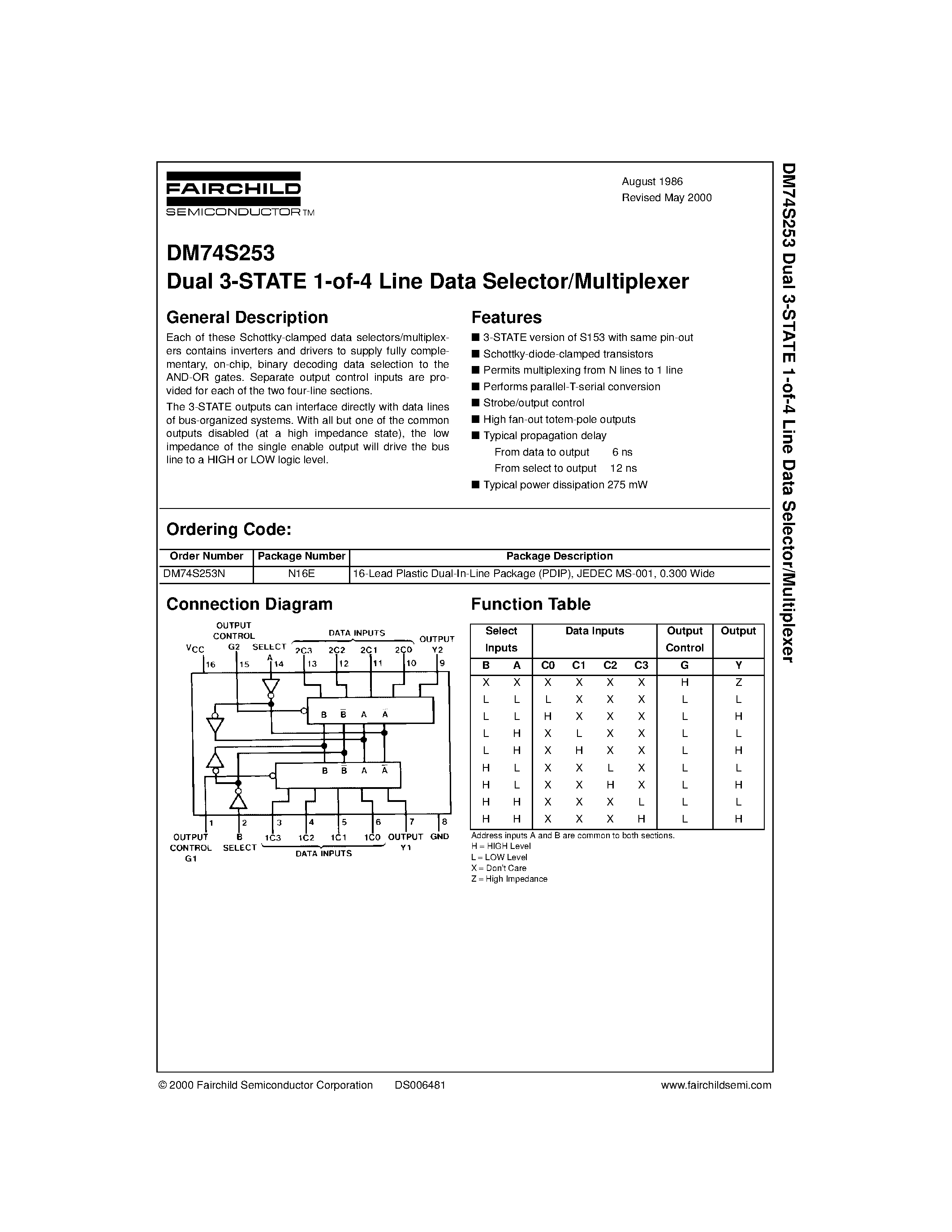 Datasheet DM74S253 - Dual 3-STATE 1-of-4 Line Data Selector/Multiplexer page 1
