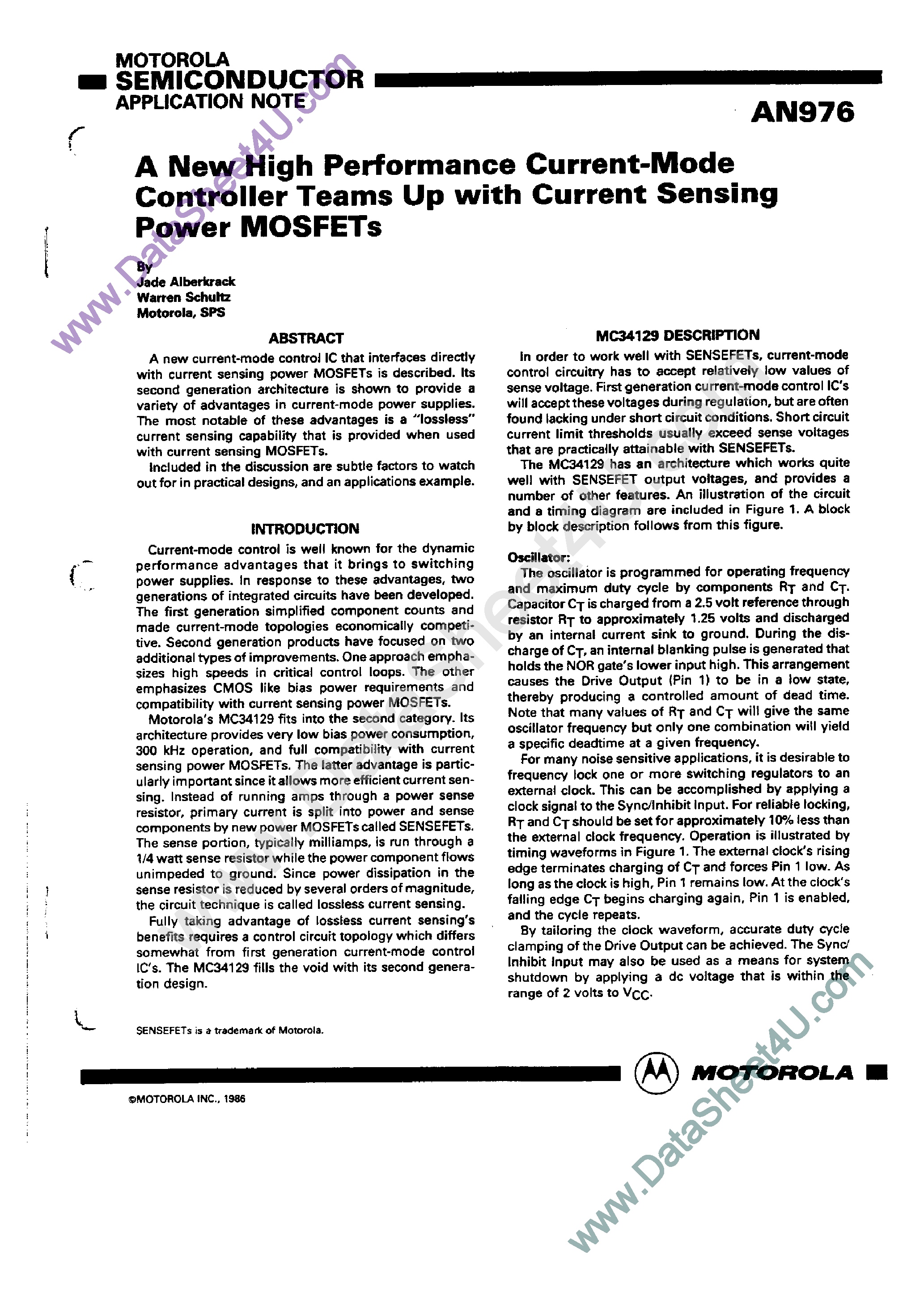 Datasheet AN976 - A New High Performance Current Mode Controller Teams Up with Current Sensing Power MOSFETs page 1