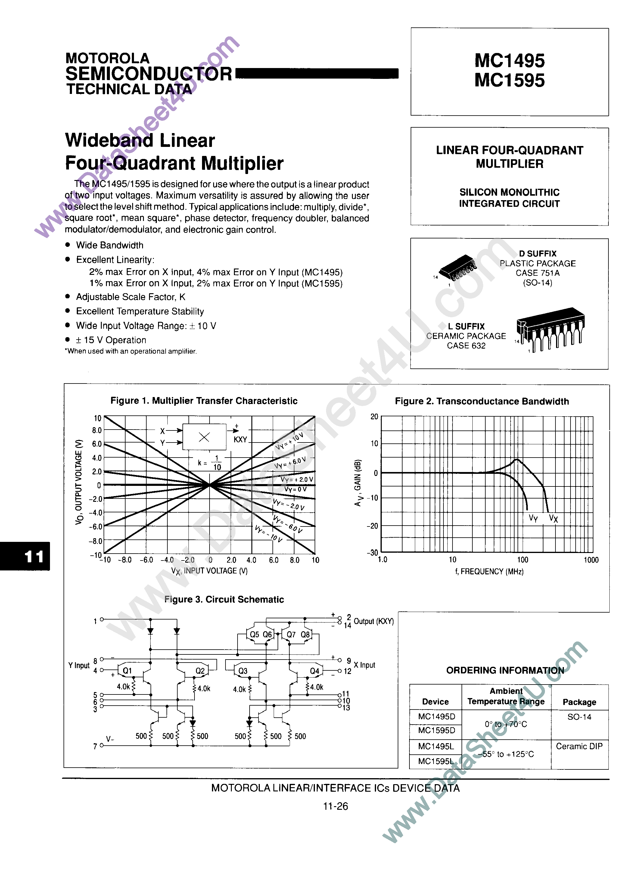 Даташит MC1495 - (MC1495 / MC1595) 30VDC 10mA 862mW wideband linear four-quadrant multiplier страница 1
