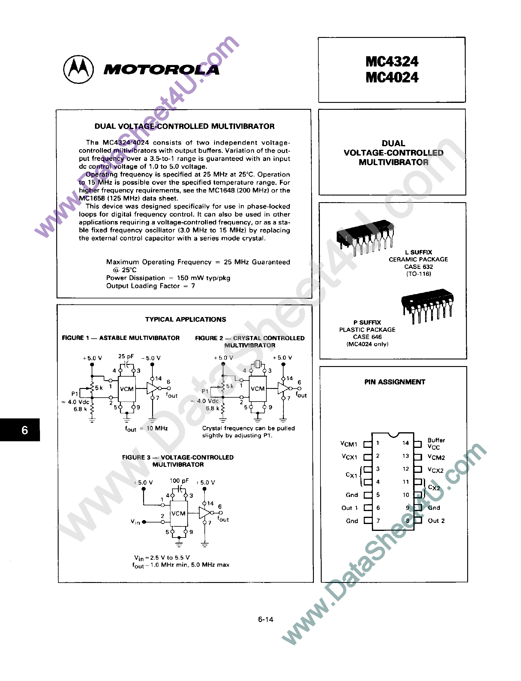 Datasheet MC4024 - (MC4024 / MC4324) Dual Voltage Controlled Multivibartor page 1