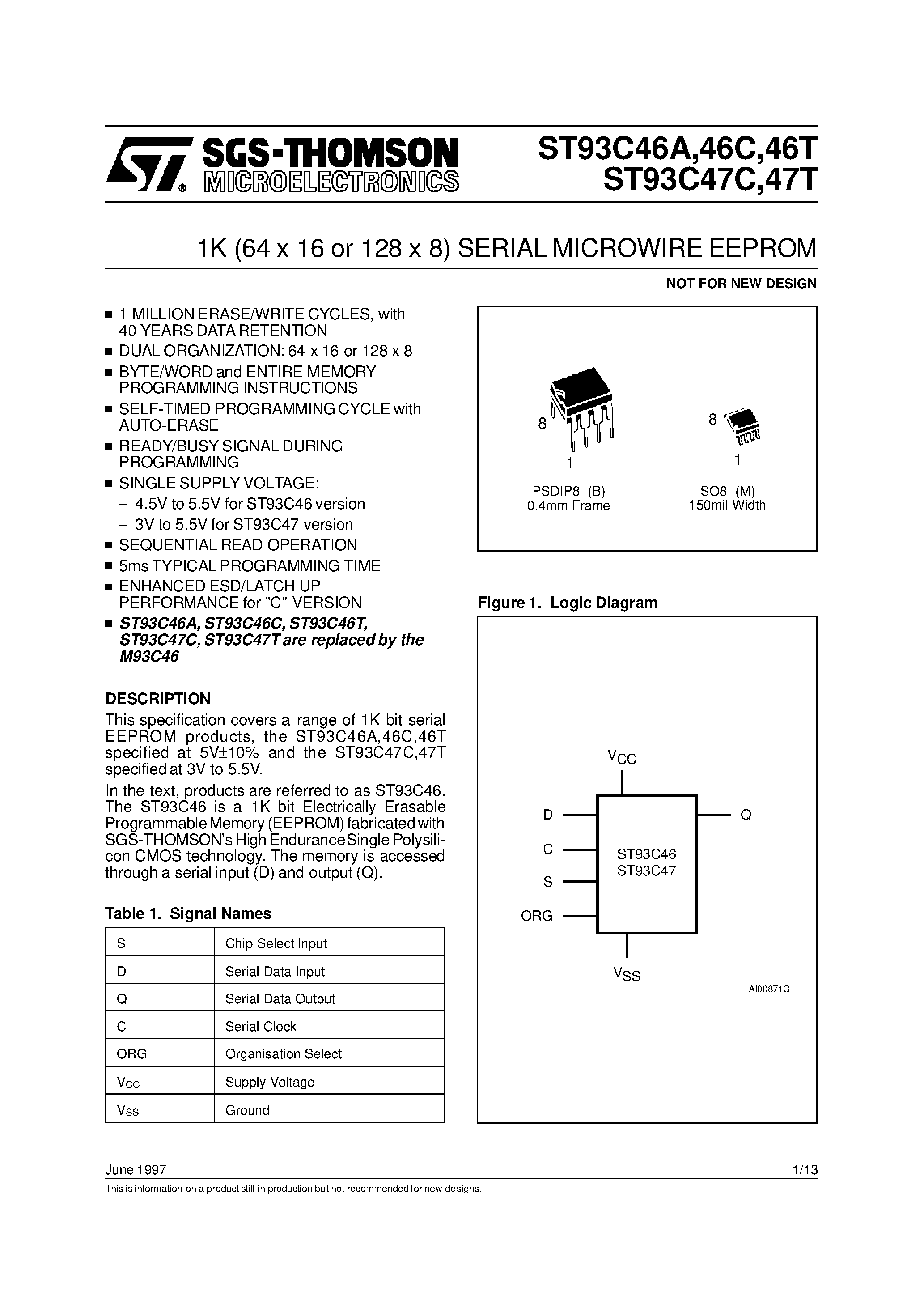 Datasheet ST93C46 - 1K 64 x 16 or 128 x 8 SERIAL MICROWIRE EEPROM page 1