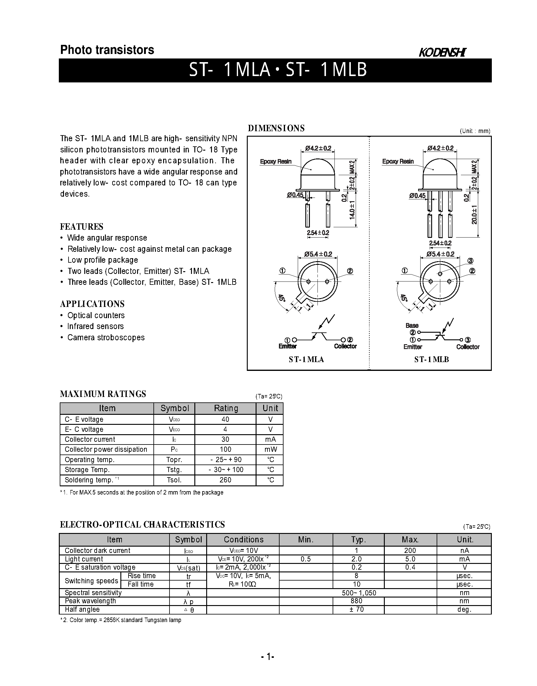 Datasheet ST-1MLA - (ST-1MLA/B) Photo transistors(high-sensitivity NPN silicon phototransistors mounted) page 1