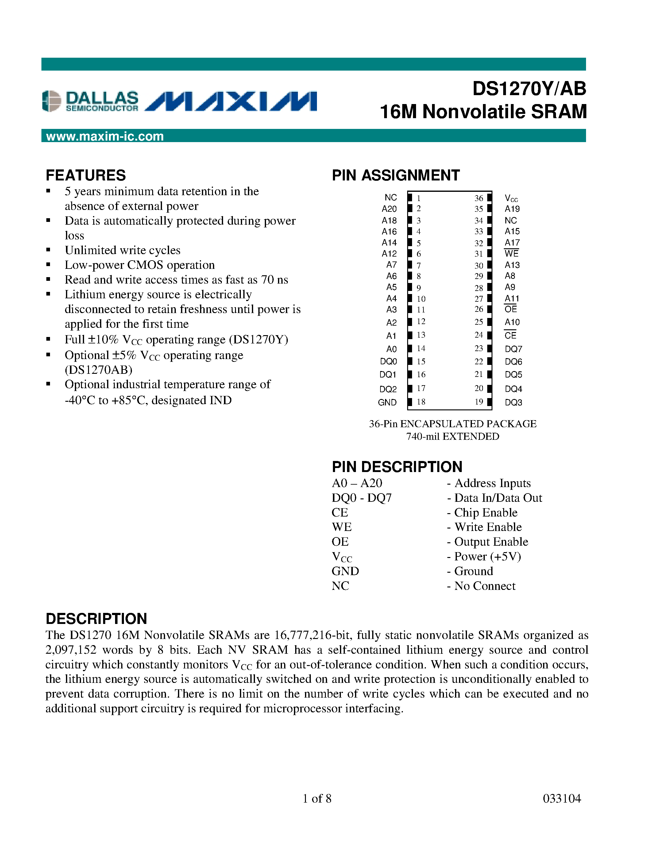 Datasheet DS1270Y - (DS1270AB/Y) 16M Nonvolatile SRAM page 1
