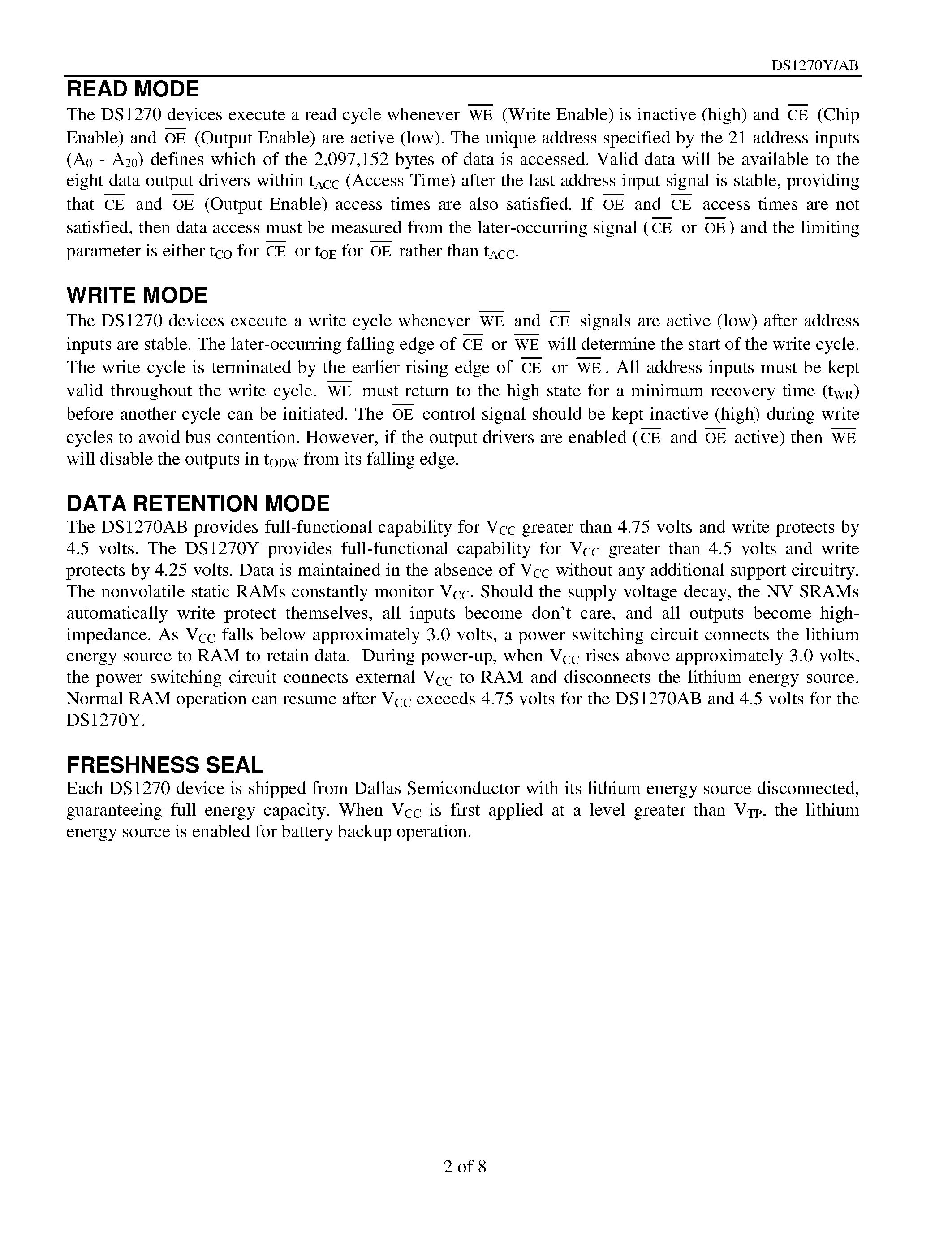 Datasheet DS1270Y - (DS1270AB/Y) 16M Nonvolatile SRAM page 2