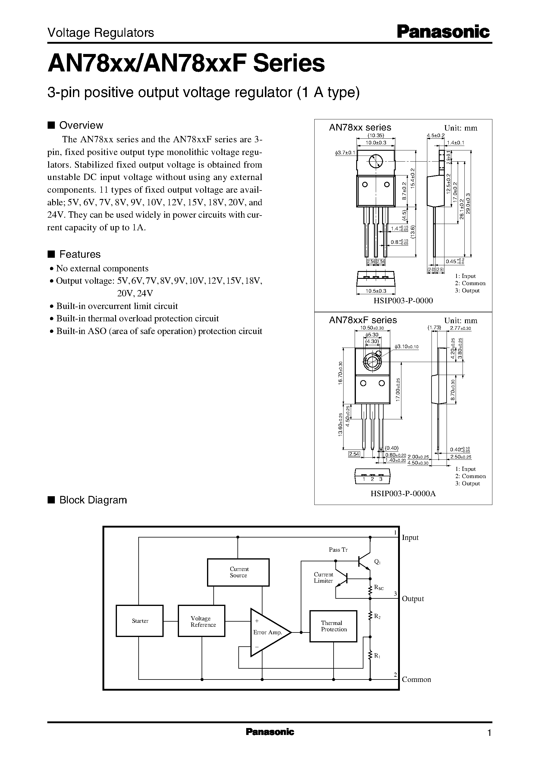 Datasheet AN7805 - (AN78xx/F) 3-pin positive output voltage regulator (1 A type) page 1