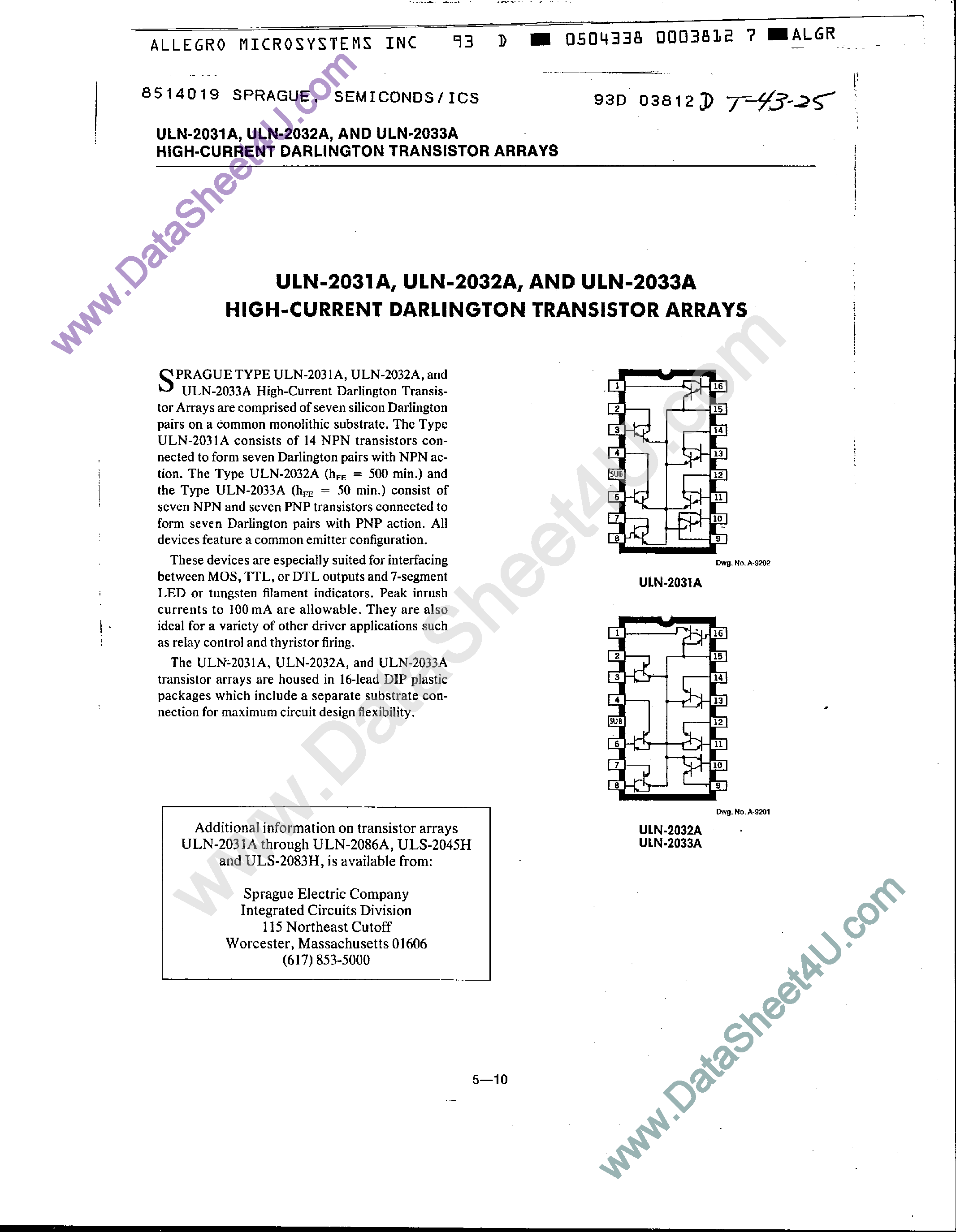 Даташит ULN-2031A - (ULN2031A - ULN2033A) High Current Darlington Transistor Arrays страница 1
