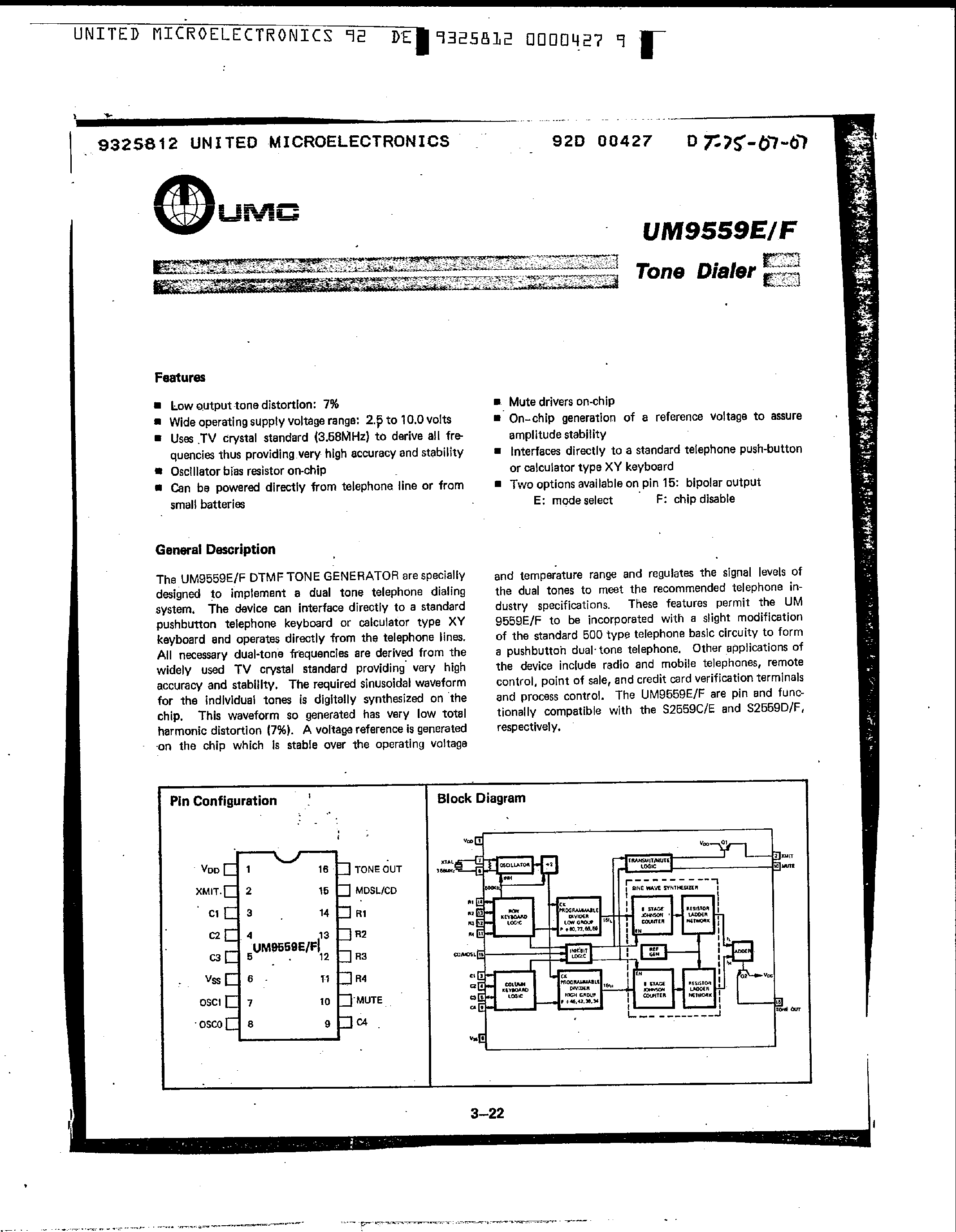 Datasheet UM9559E - (UM9559E/F) TONE DIALER page 1