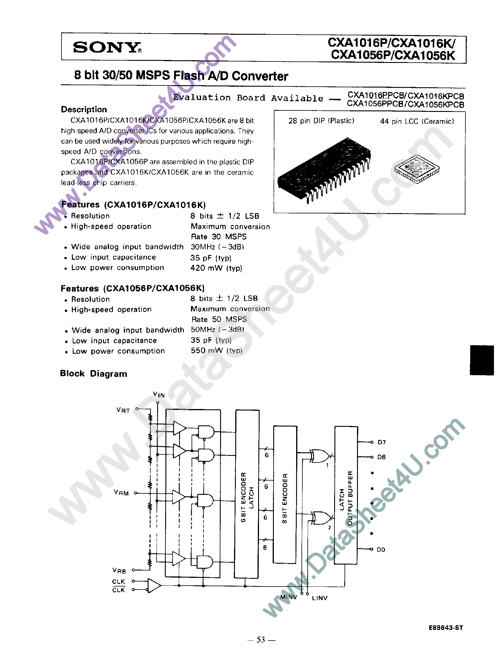 Даташит CXA1016 - (CXA1016 / CXA1056) 8 Bit 30/50 MSPS Flash A/D Converter страница 1