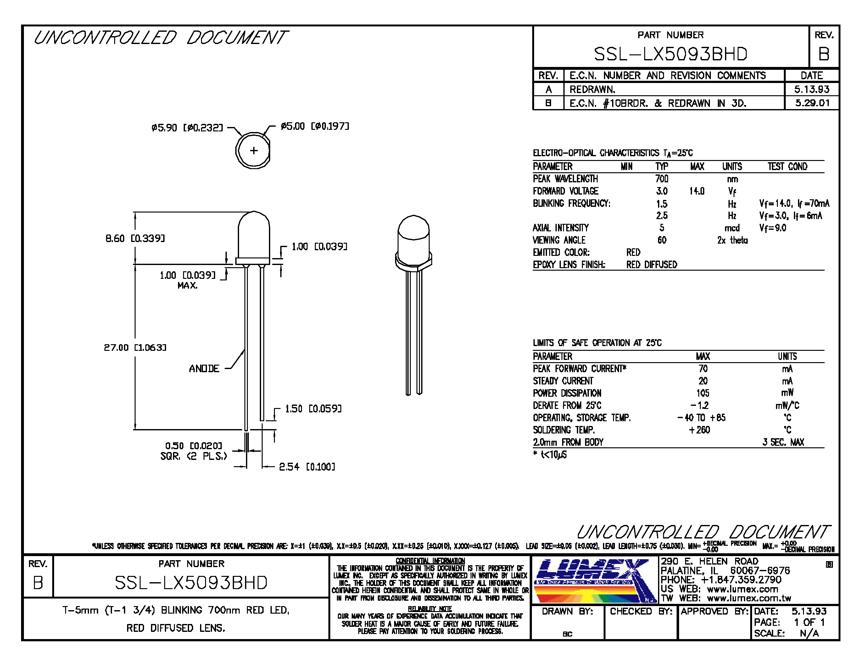 Datasheet SSL-LX5093BHD - T-5mm BUNKING 700mm RED LED RED DIFFUSED LENS page 1