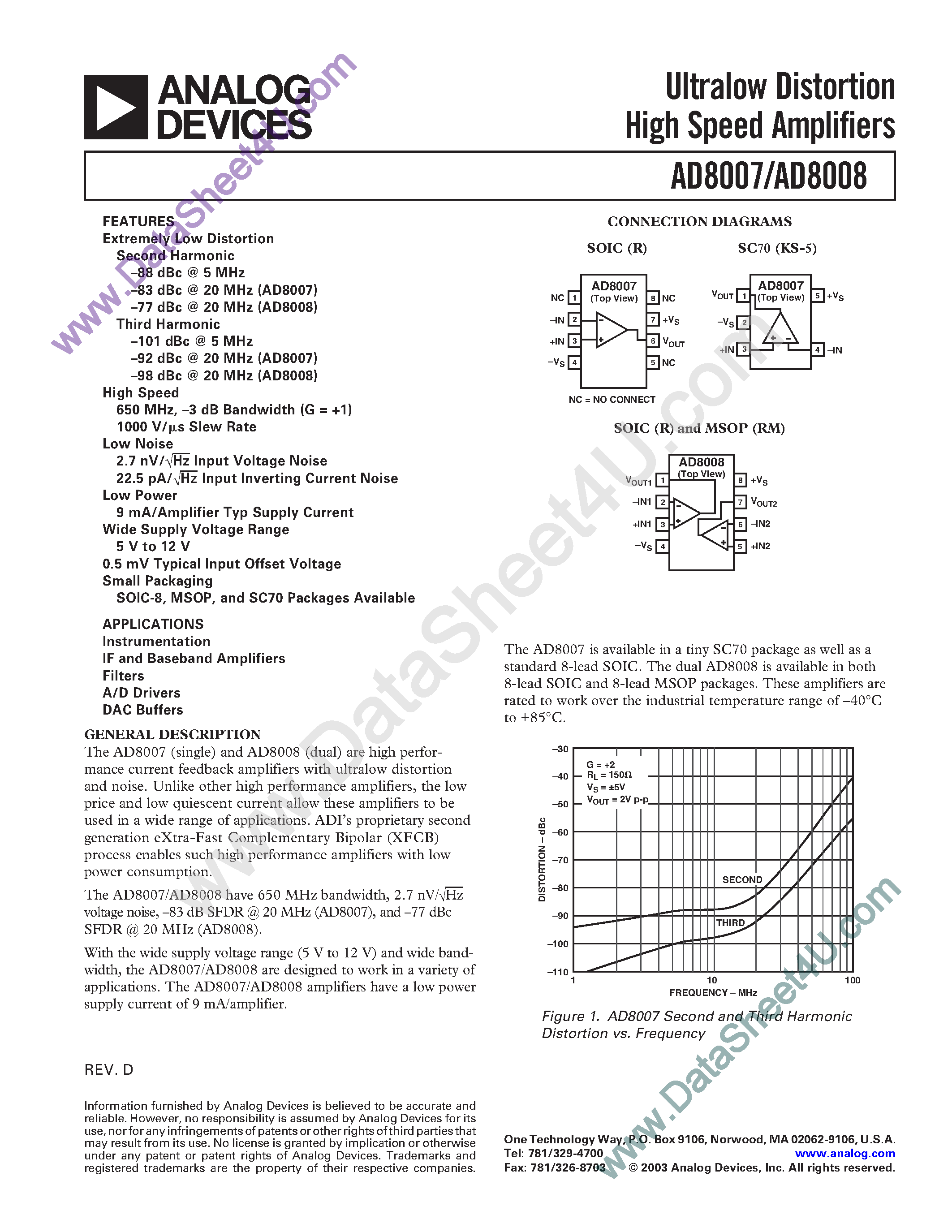 Даташит AD8007 - (AD8007 / AD8008) Ultralow Distorton High Speed Amplifiers страница 1