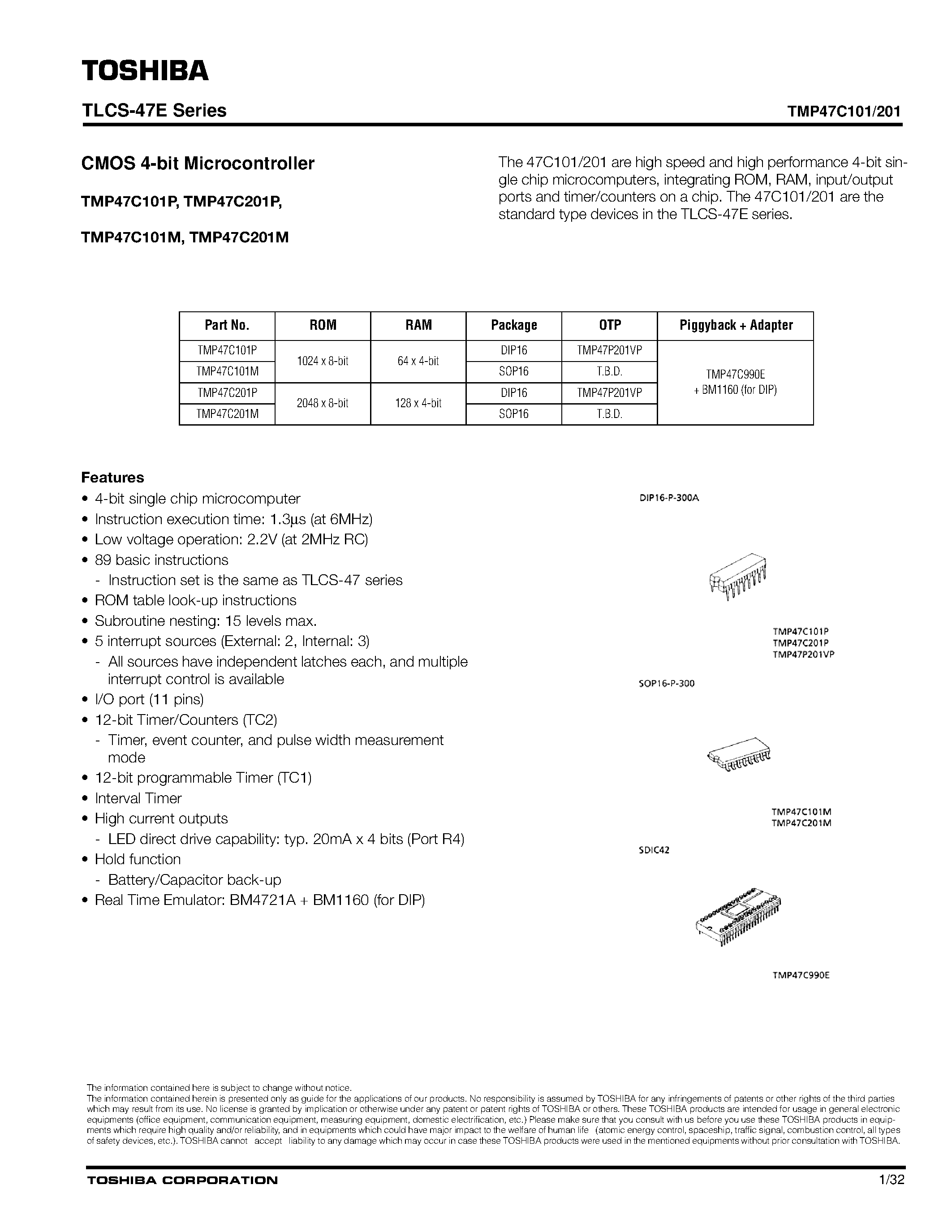 Datasheet TMP47C101 - (TMP47C101 / TMP47C201) CMOS 4-bit Microcontroller page 1