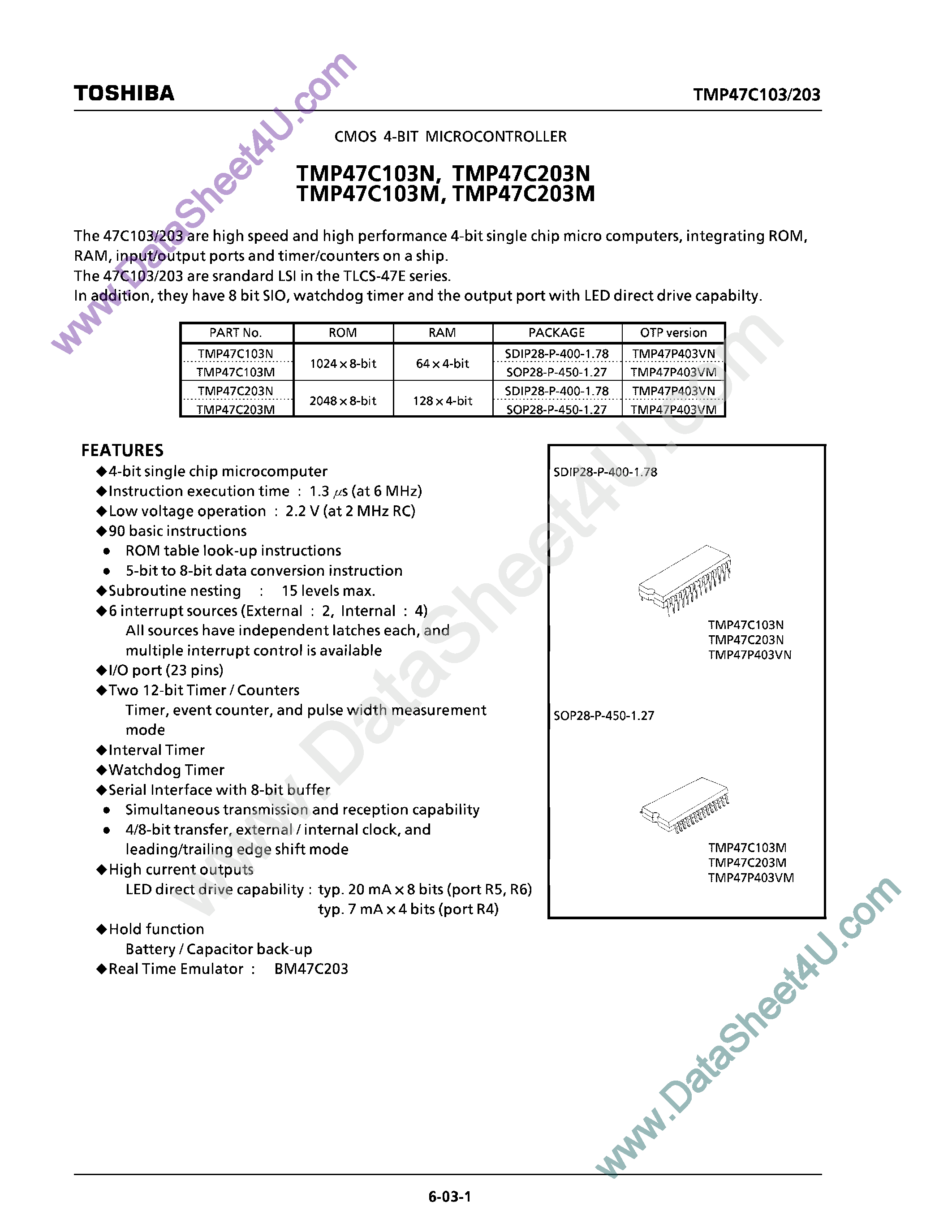 Datasheet TMP47C103 - (TMP47C103 / TMP47C203) CMOS 4-Bit Microcontroller page 1