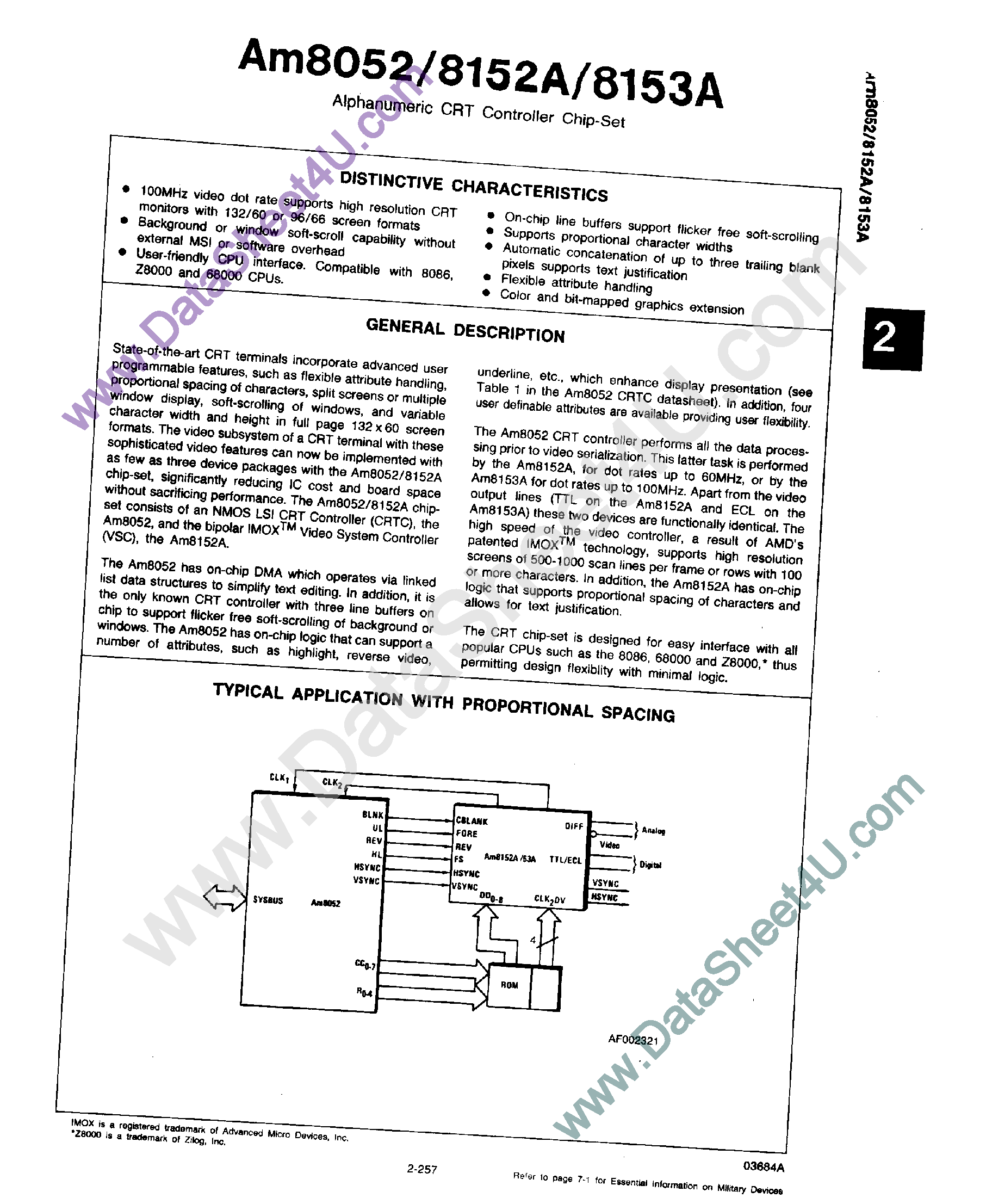 Datasheet AM8052 - (AM8152 / AM8153) Alphanumeric CRT Controller Chip-Set page 1