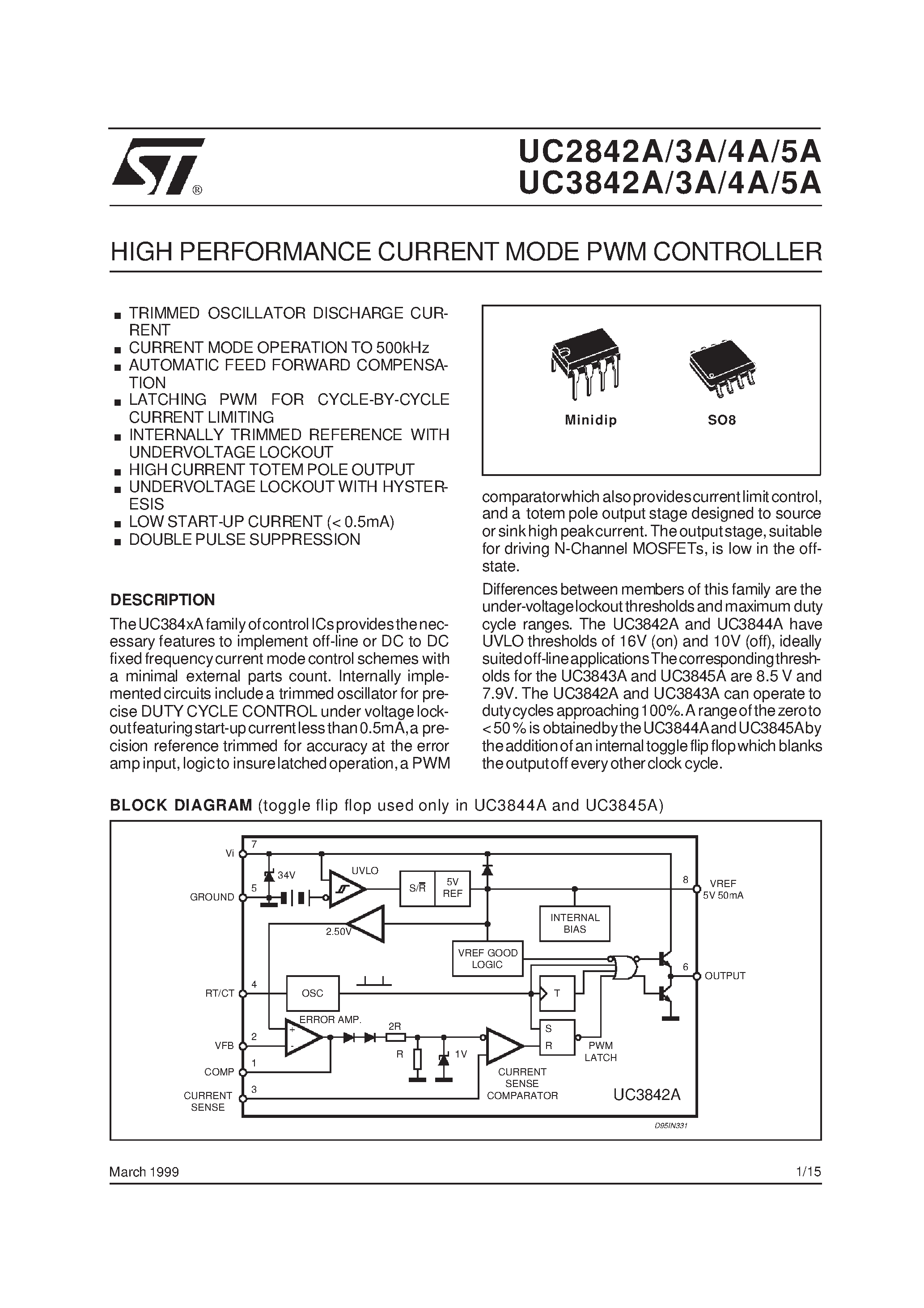 Datasheet UC2842A - (UC2842A - UC2845A) HIGH PERFORMANCE CURRENT MODE PWM CONTROLLER page 1