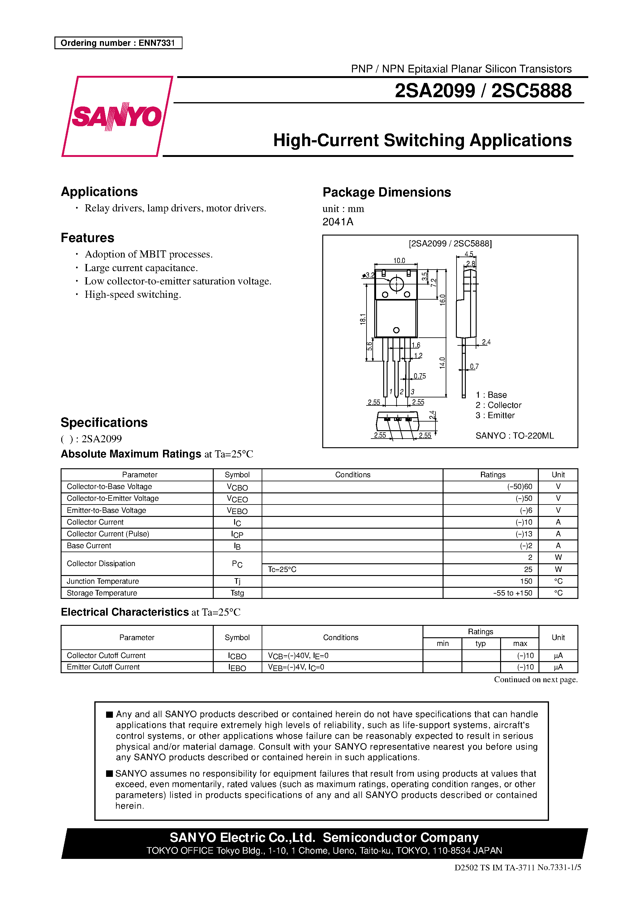 Даташит 2SC2099 - (2SC5888 / 2SC2099) High-Current Switching Applications страница 1