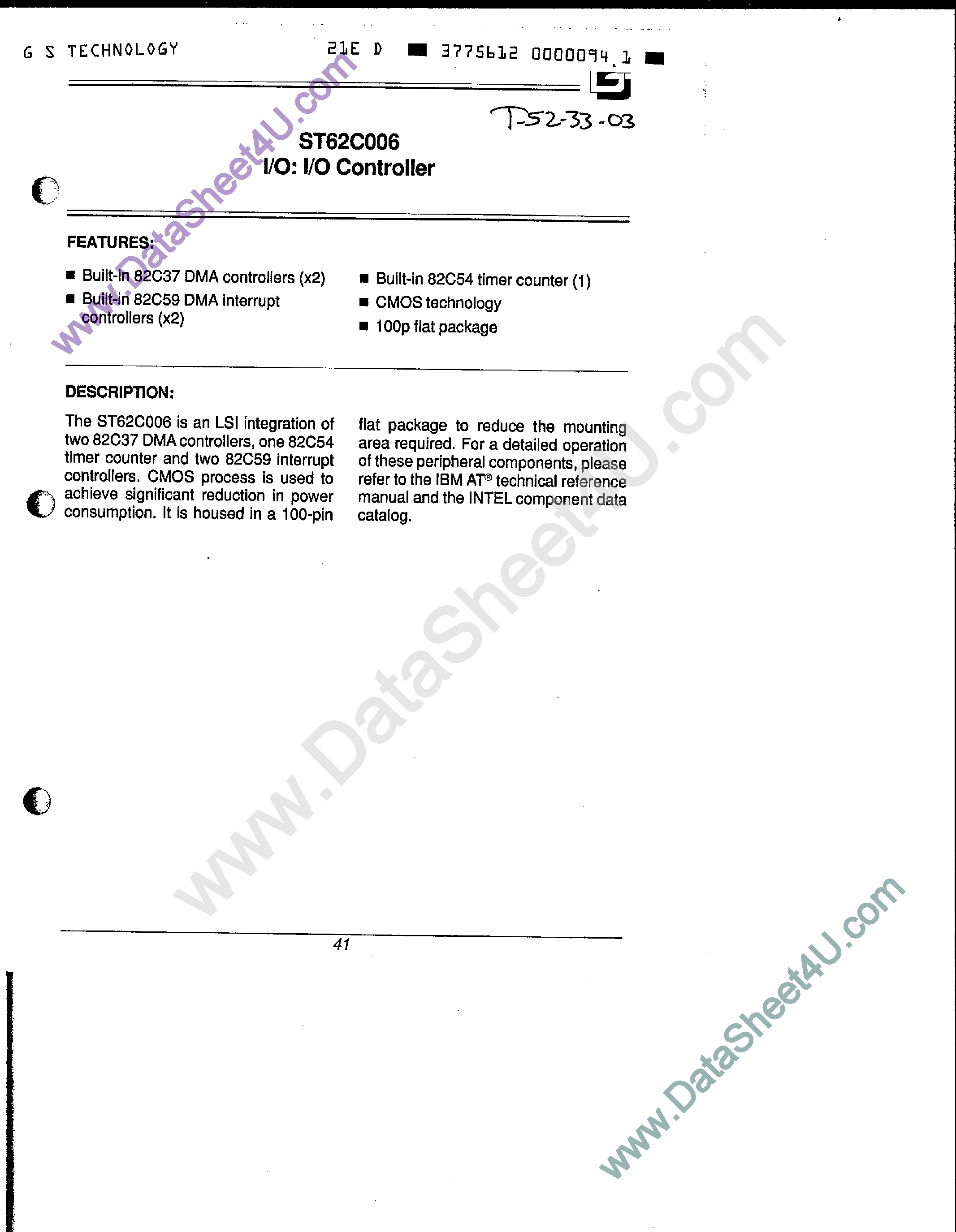 Datasheet ST62C006 - I/O Controller page 1