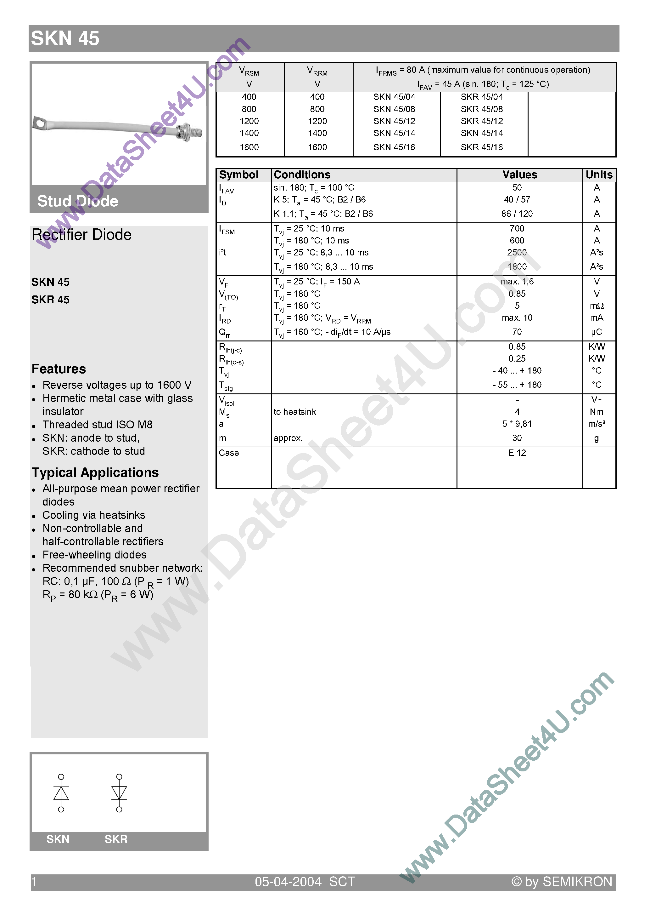 Datasheet SKR45 - Stud Diode page 1
