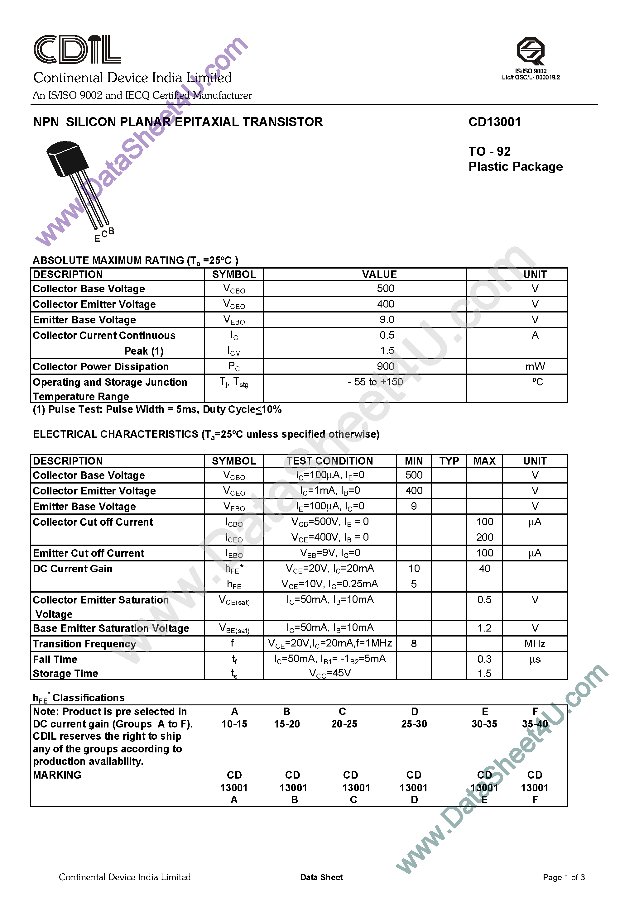 Datasheet CD13001 - NPN SILICON PLANAR EPITAXIAL TRANSISTOR page 1