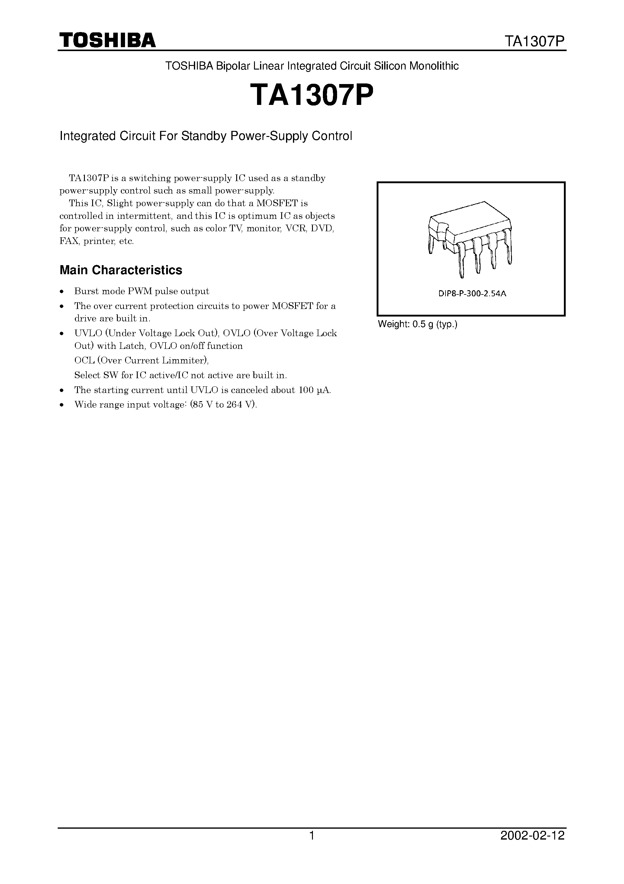 Datasheet TA1307P - Integrated Circuit For Standby Power-Supply Control page 1