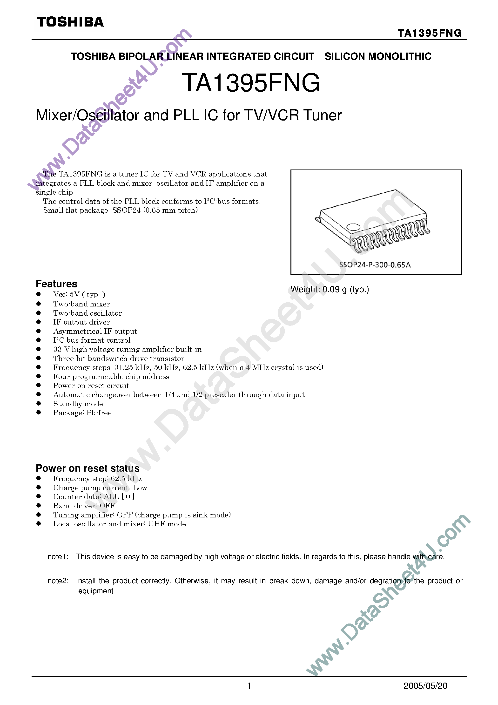 Даташит TA1395FNG - Mixer / Oscillator and PLL IC страница 1