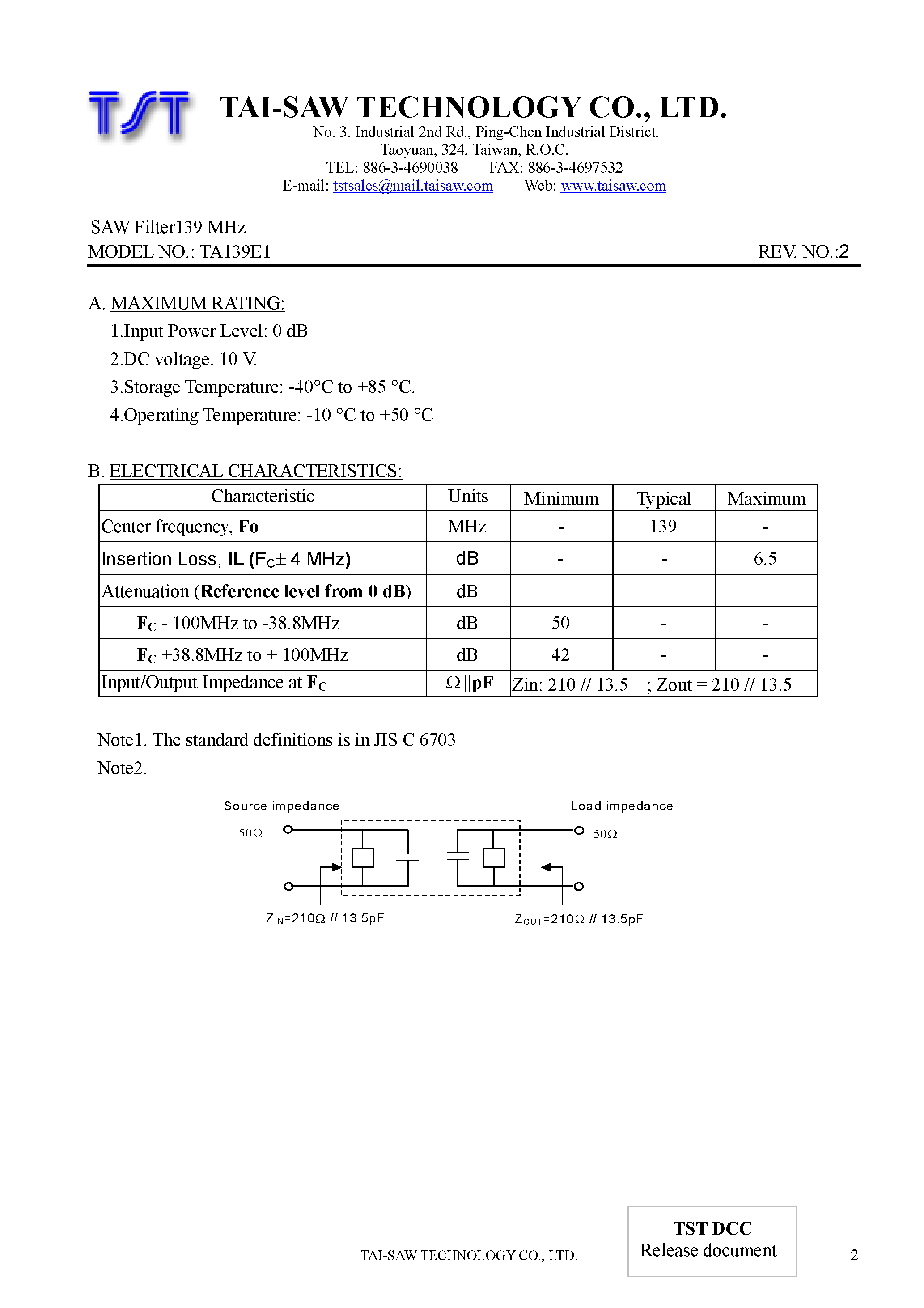 Datasheet TA139E1 - SAW Filter 139 Mhz page 2