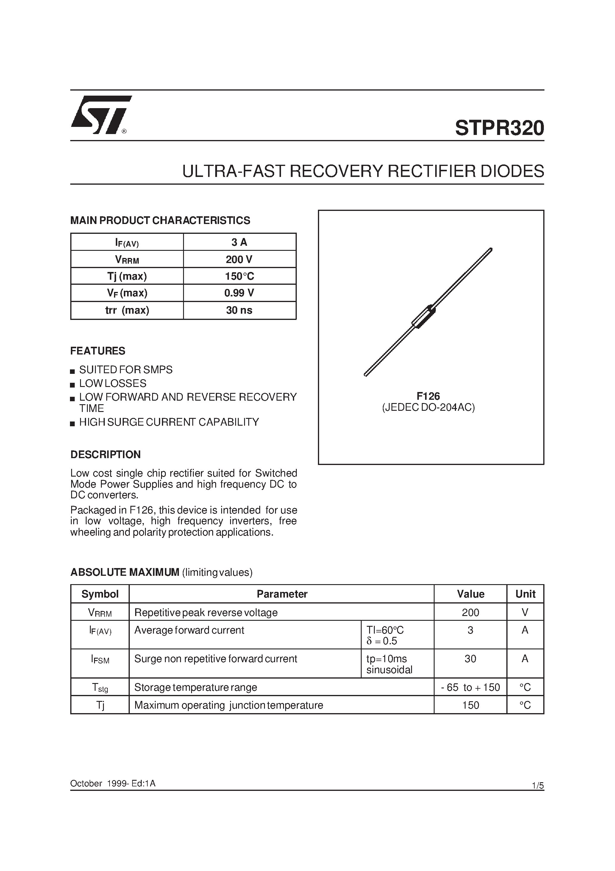 Datasheet STPR320 - ULTRA-FAST RECOVERY RECTIFIER DIODES page 1