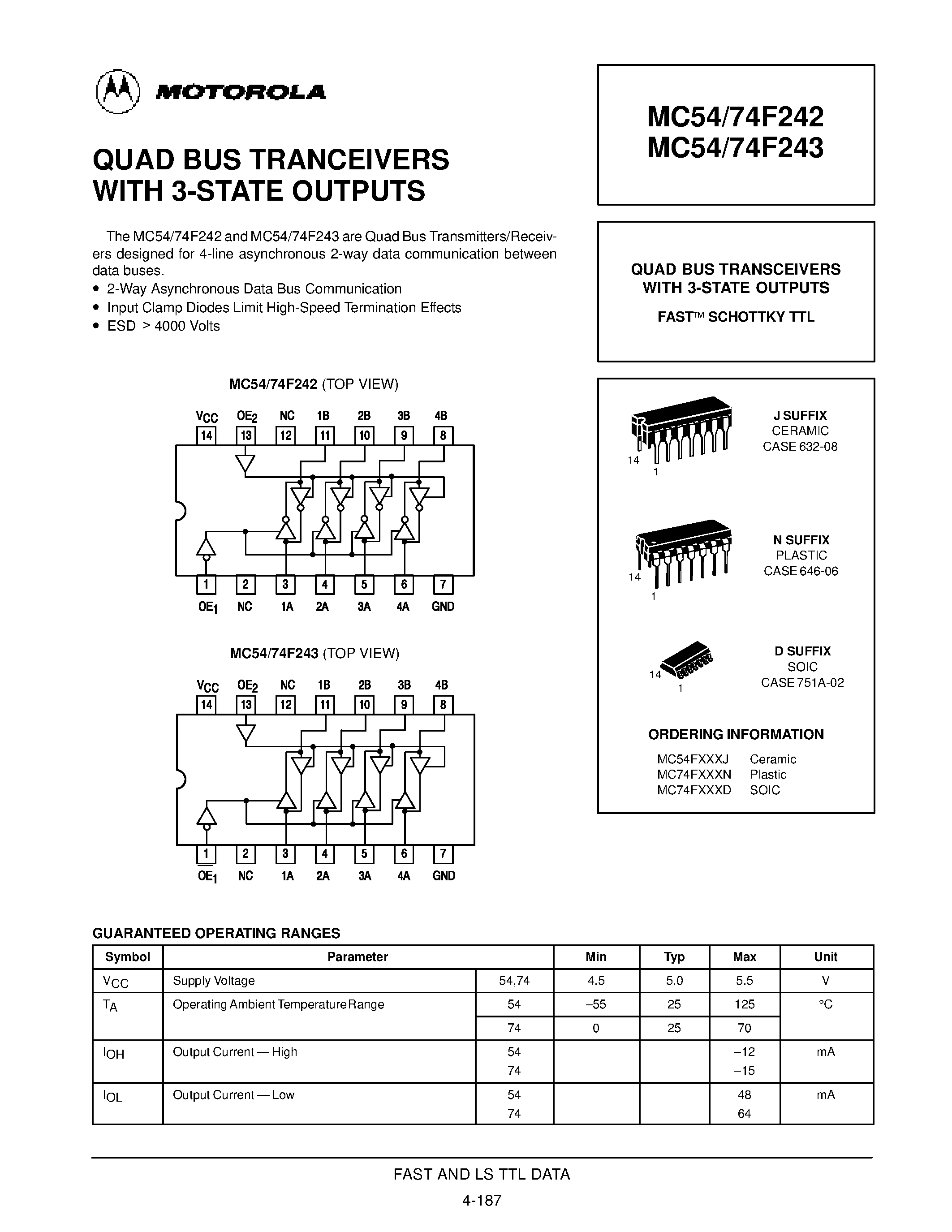 Datasheet MC74F242 - (MC74F242 / MC74F243) QUAD BUS TRANSCEIVERS WITH 3-STATE OUTPUTS FAST SCHOTTKY TTL page 1