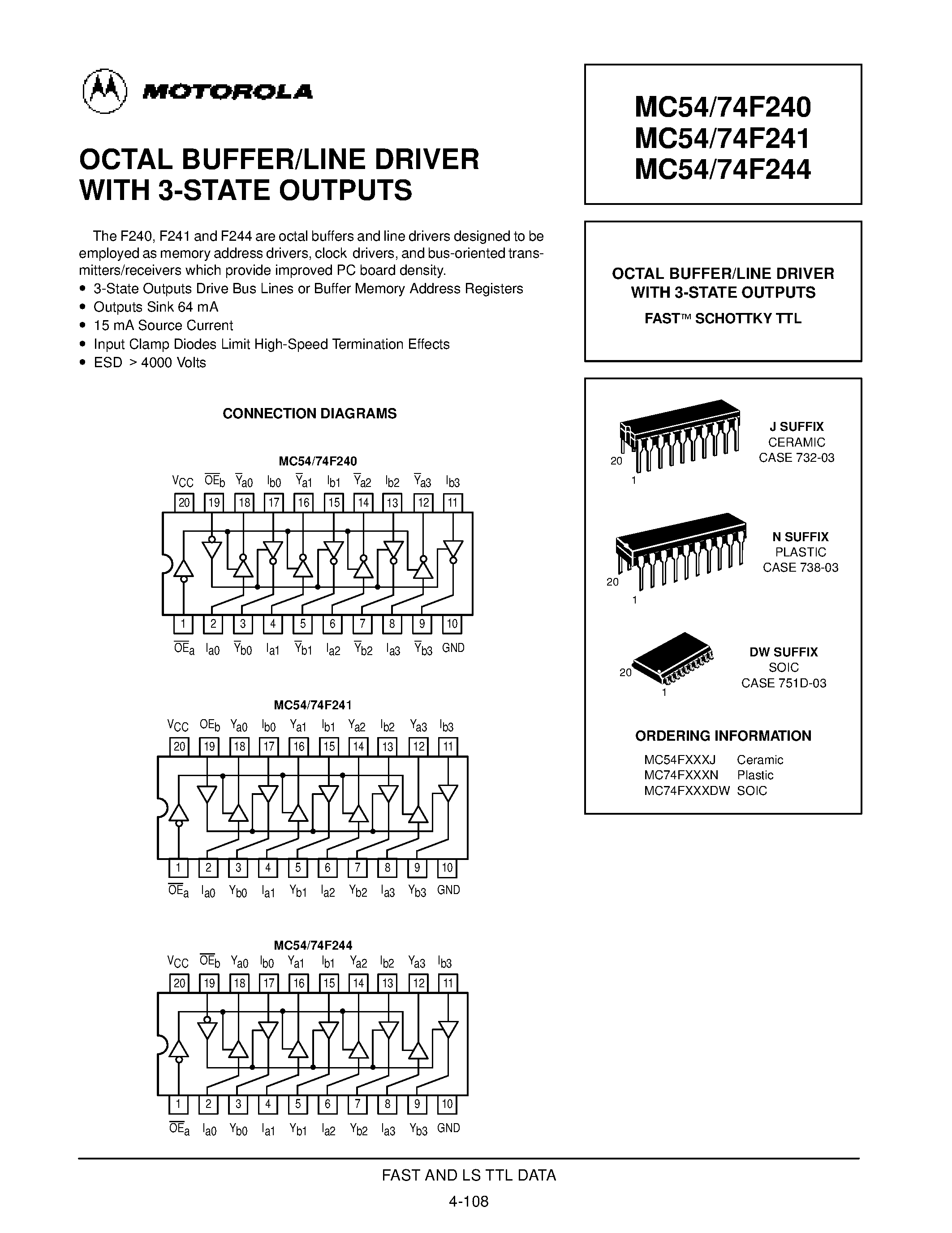 Datasheet MC74F241 - (MC74F240 - MC74F244) OCTAL BUFFER/LINE DRIVER WITH 3-STATE OUTPUTS FAST SCHOTTKY TTL page 1