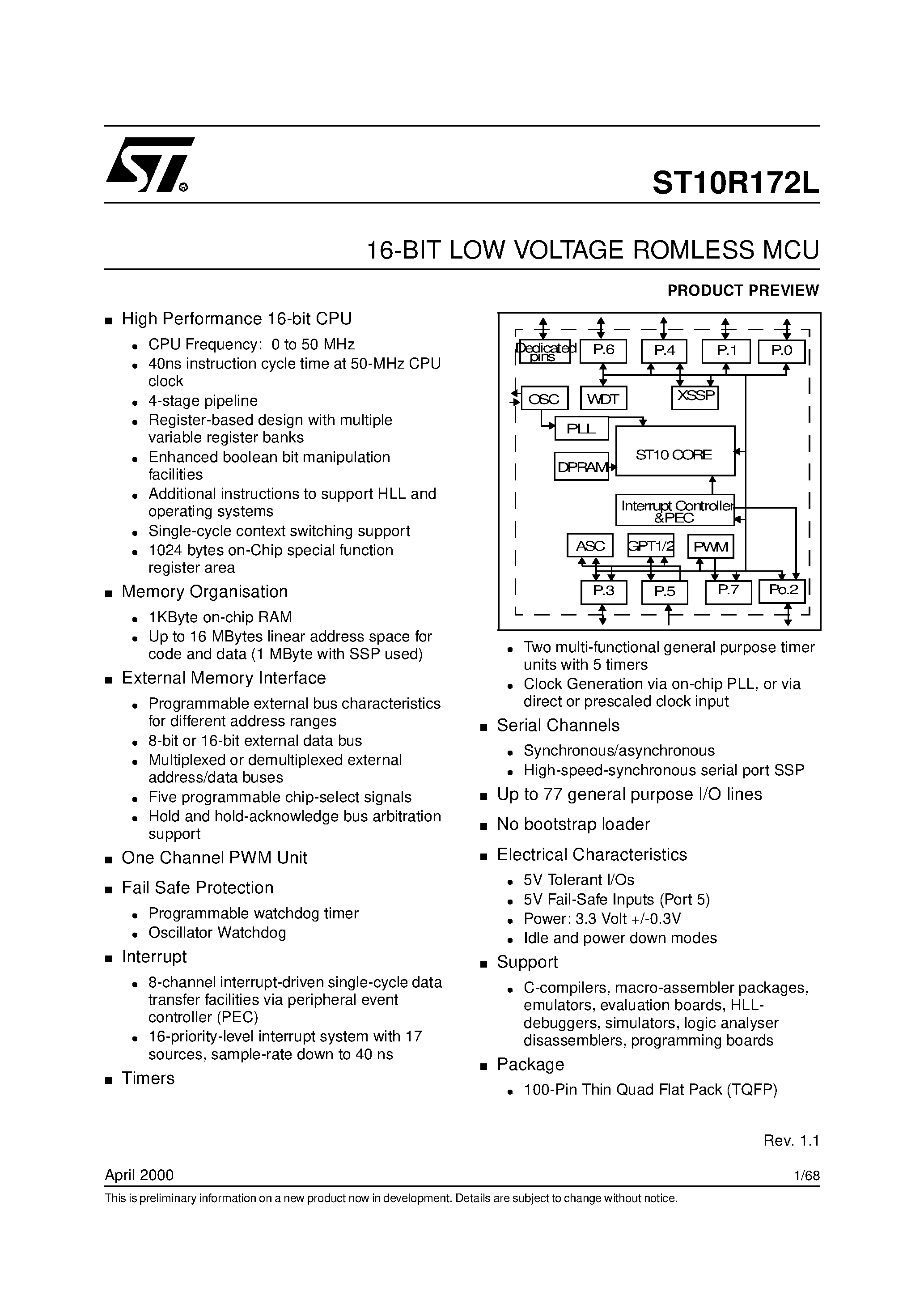 Datasheet ST10R172L - 16-BIT LOW VOLTAGE ROMLESS MCU page 1