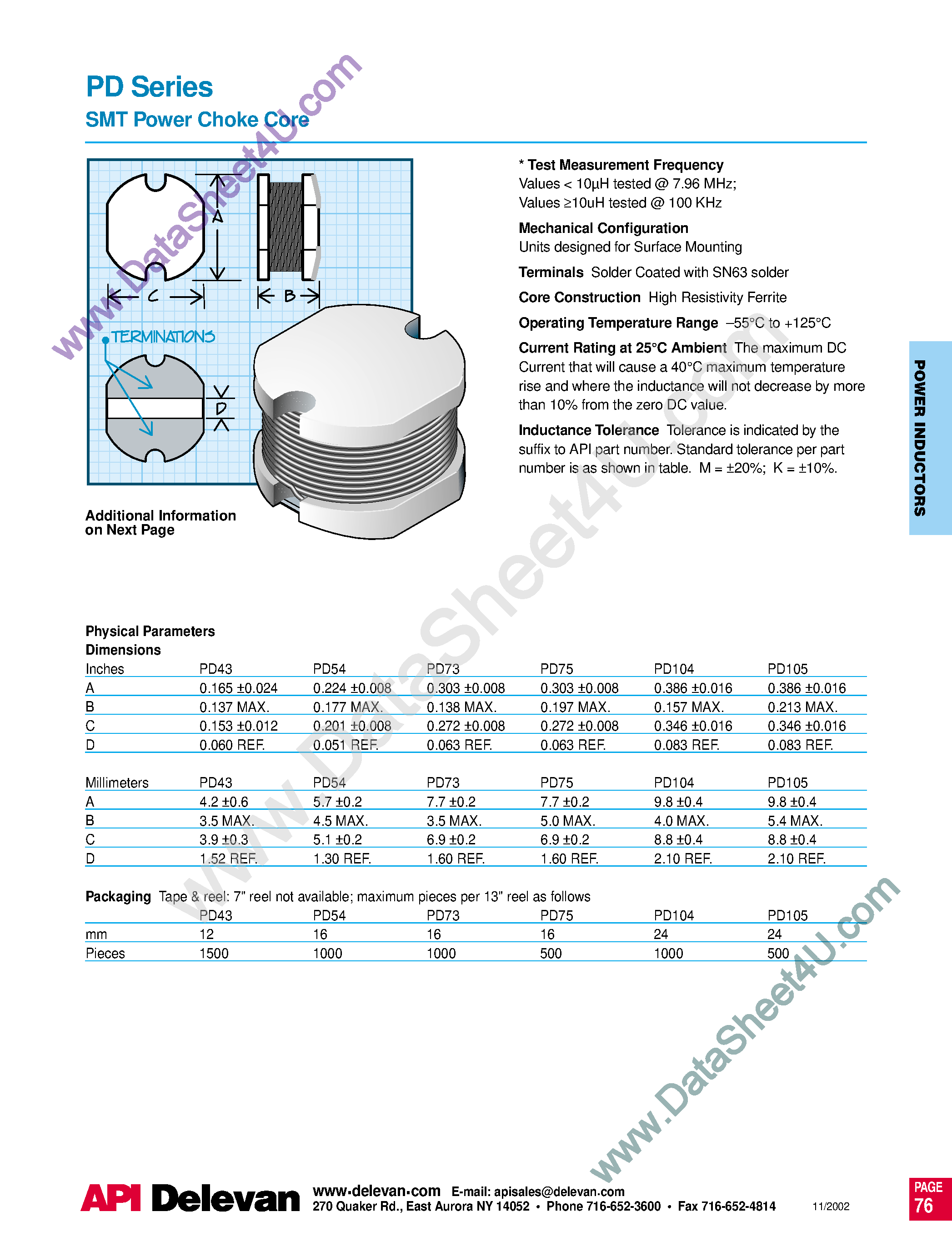 Datasheet PD104 - PD Series / SMT Power Chock Core page 1