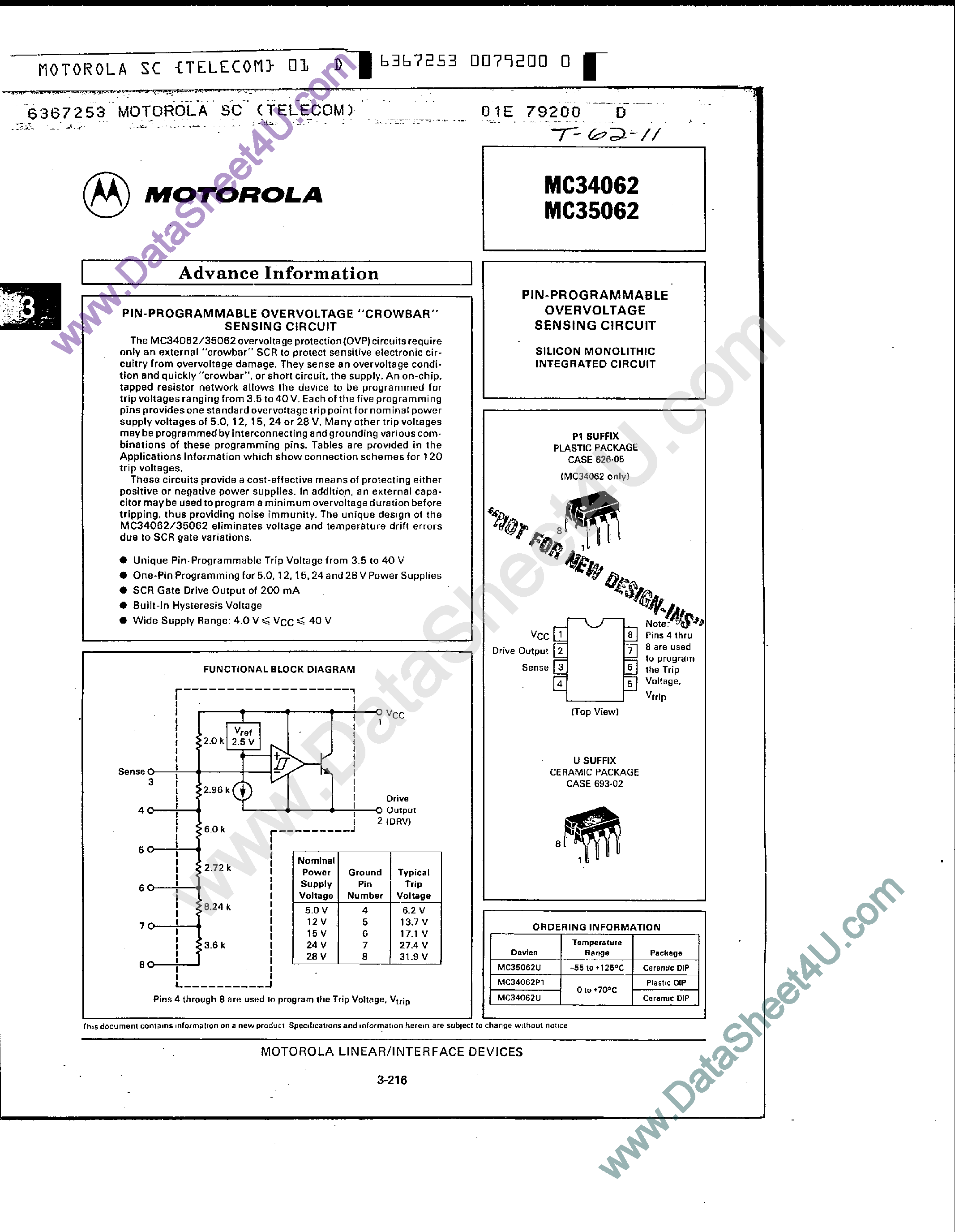 Datasheet MC34062 - (MC34062 / MC35062) PIN-PROGRAMMABLE OVERVOLTAGE SENSING CIRCUIT page 1