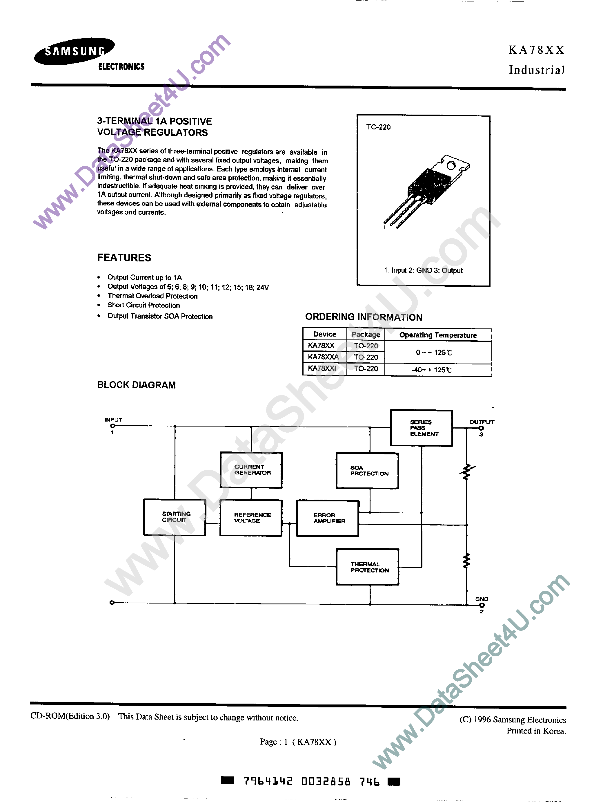 Datasheet KA7805 - (KA78xx) 3-Teminal 1A Positive Voltage Regulators page 1