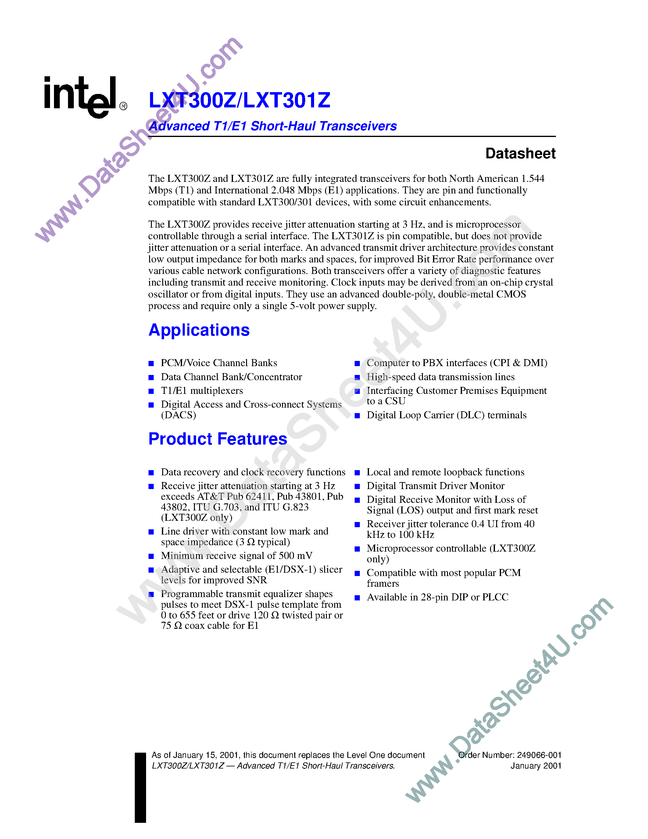 Datasheet LXT300Z - (LXT300Z / LXT301Z) Advanced T1/E1 Short-Haul Transceivers page 1