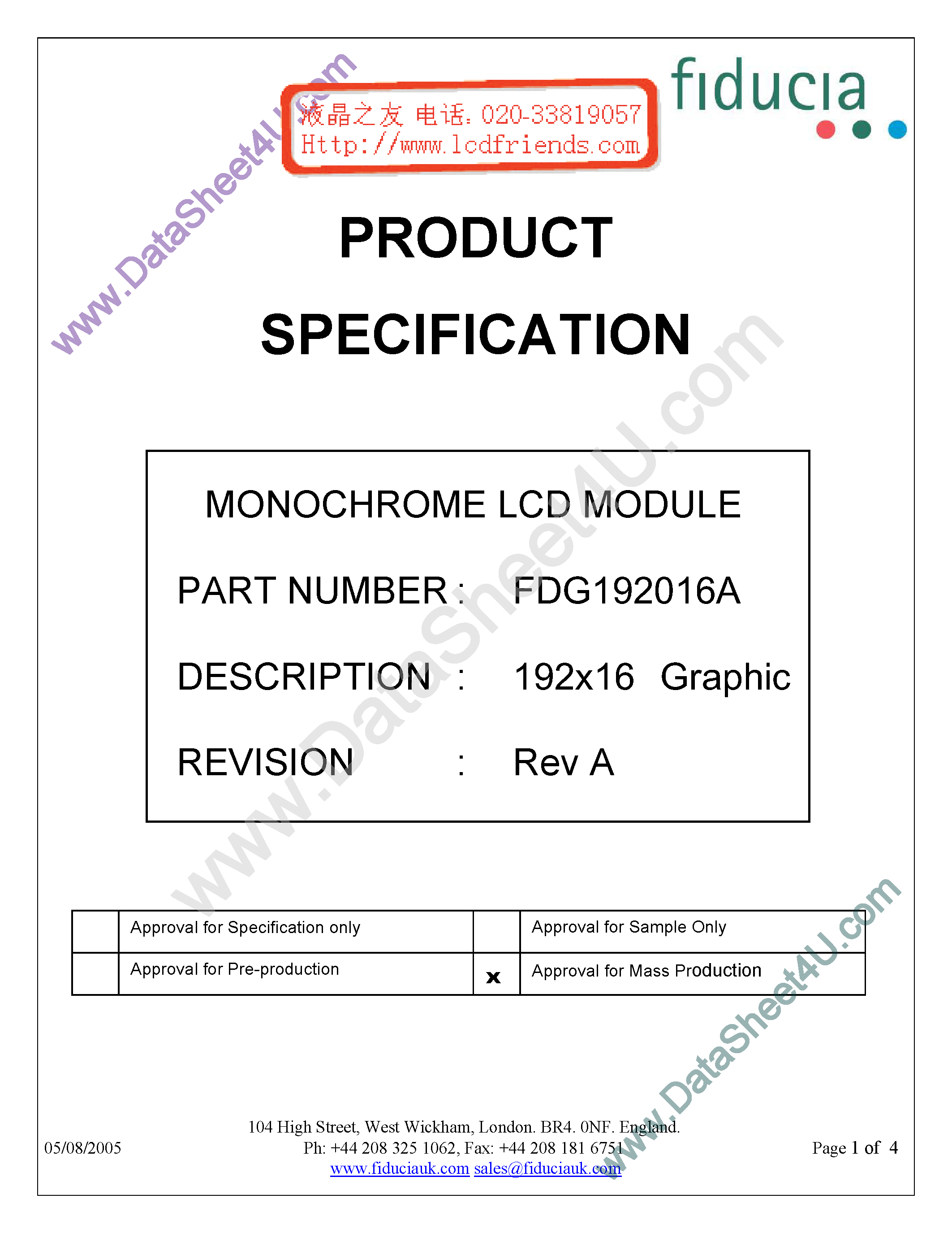 Datasheet FDG192016A - Monochrome Lcd Module page 1