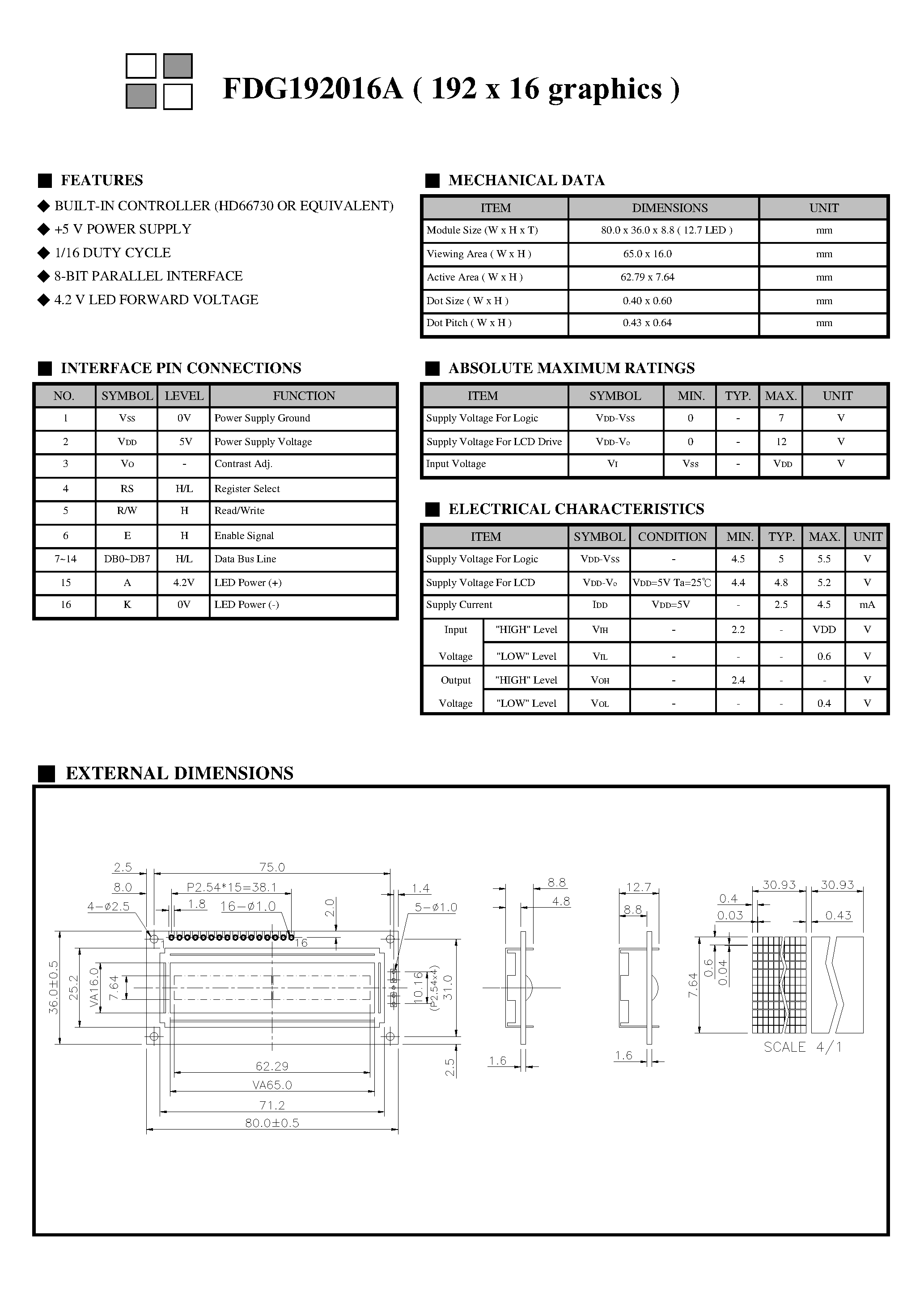 Даташит FDG192016A - Monochrome Lcd Module страница 2