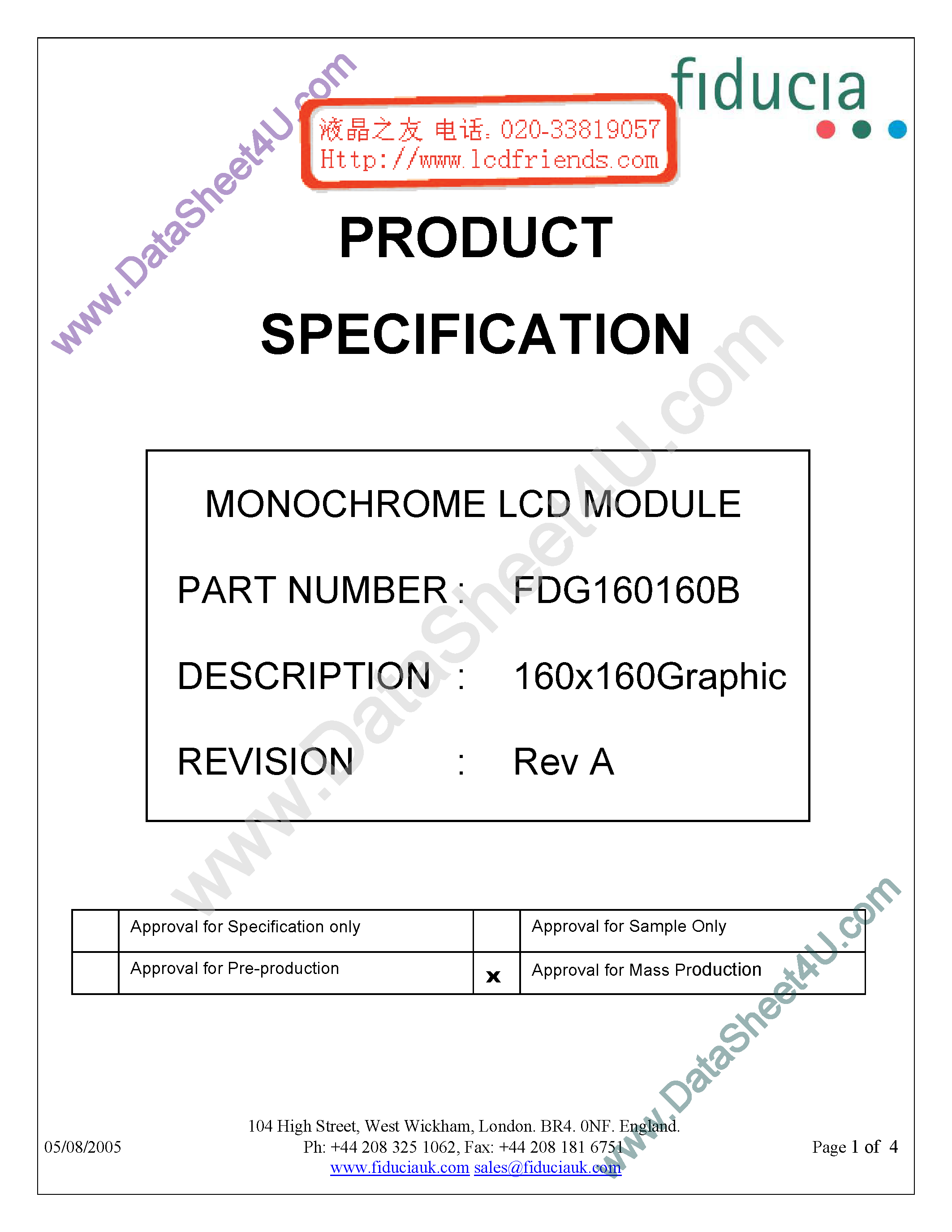 Datasheet FDG160160B - Monochrome Lcd Module page 1