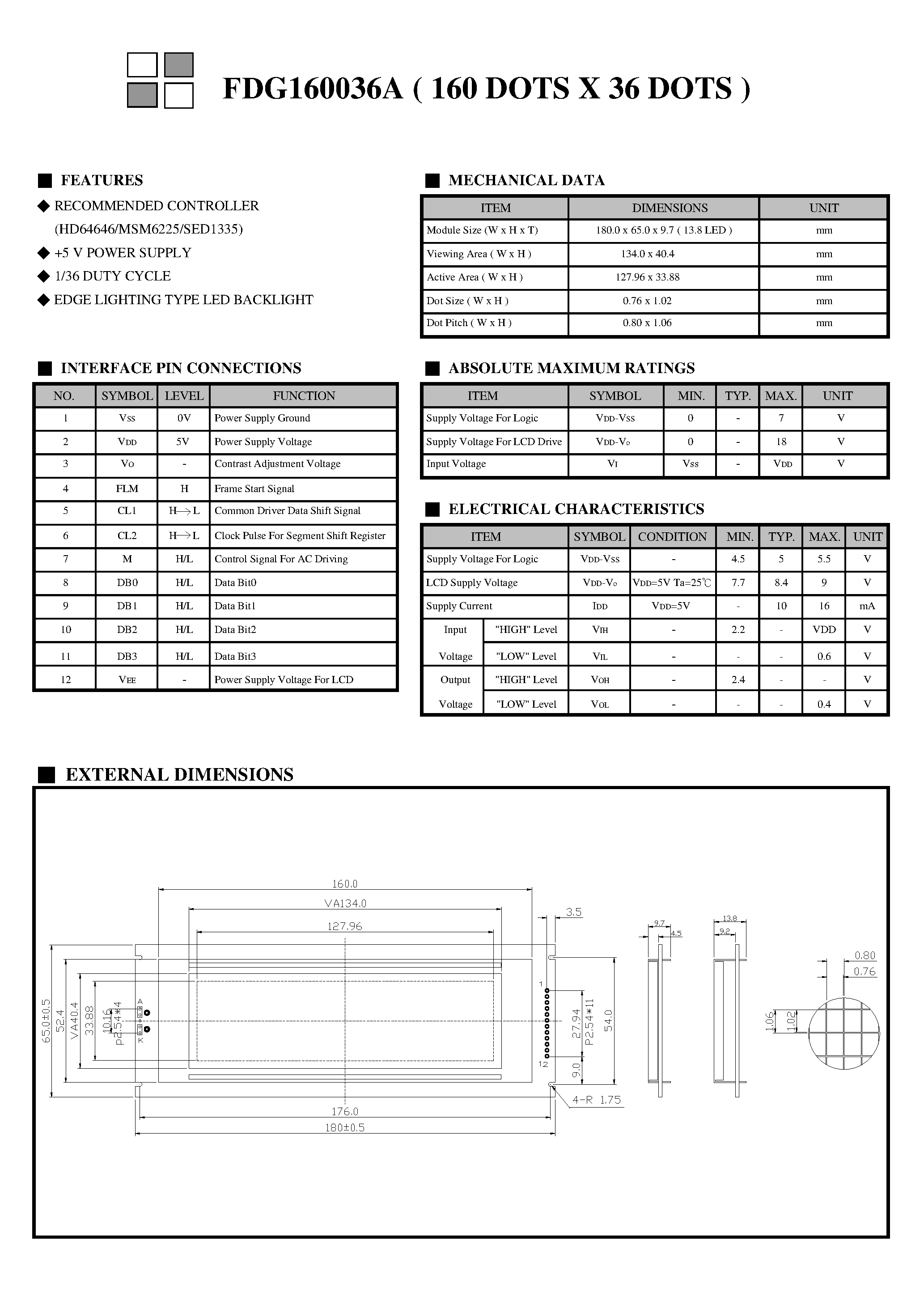 Datasheet FDG160036A - Monochrome Lcd Module page 2