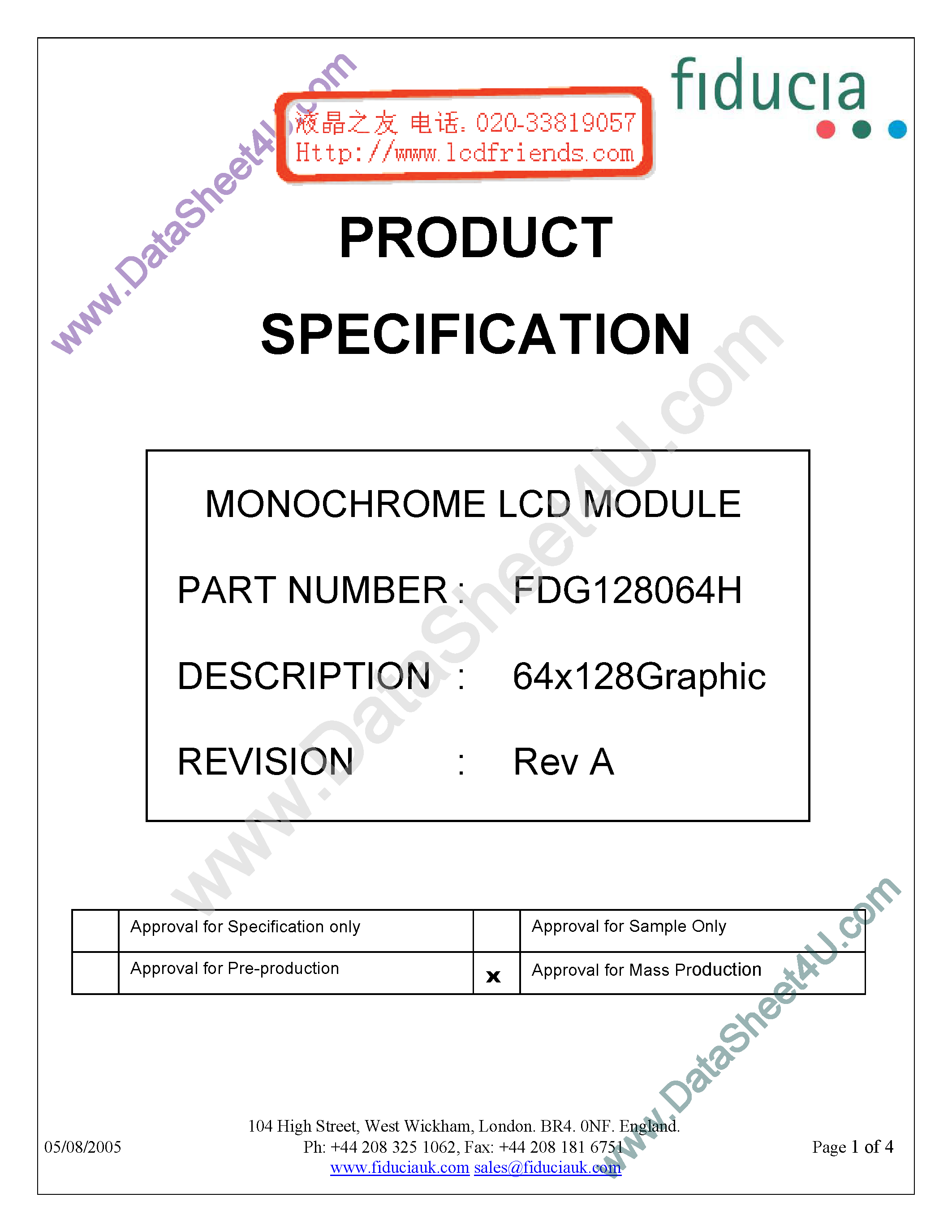 Datasheet FDG128064H - Monochrome Lcd Module page 1