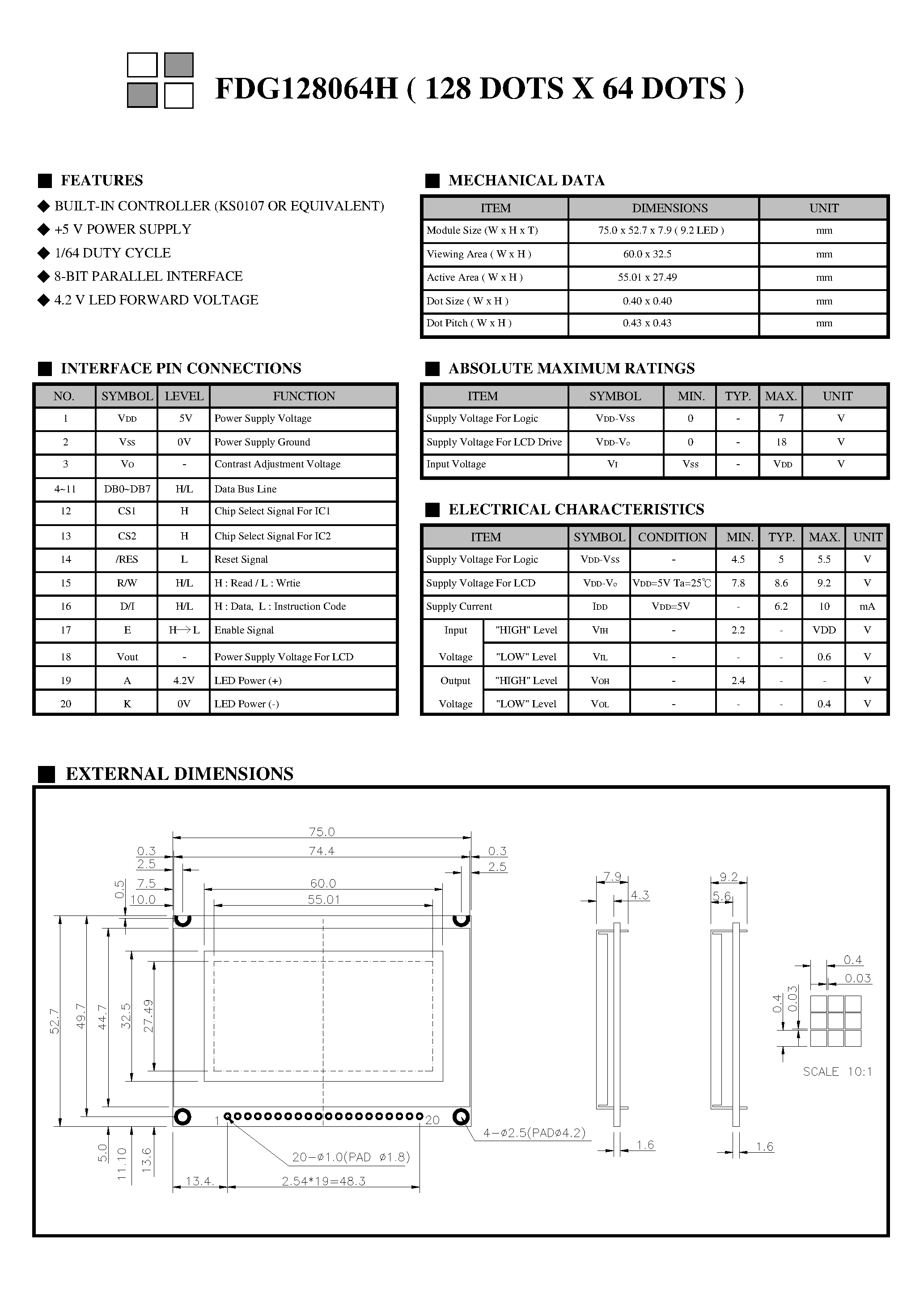 Даташит FDG128064H - Monochrome Lcd Module страница 2