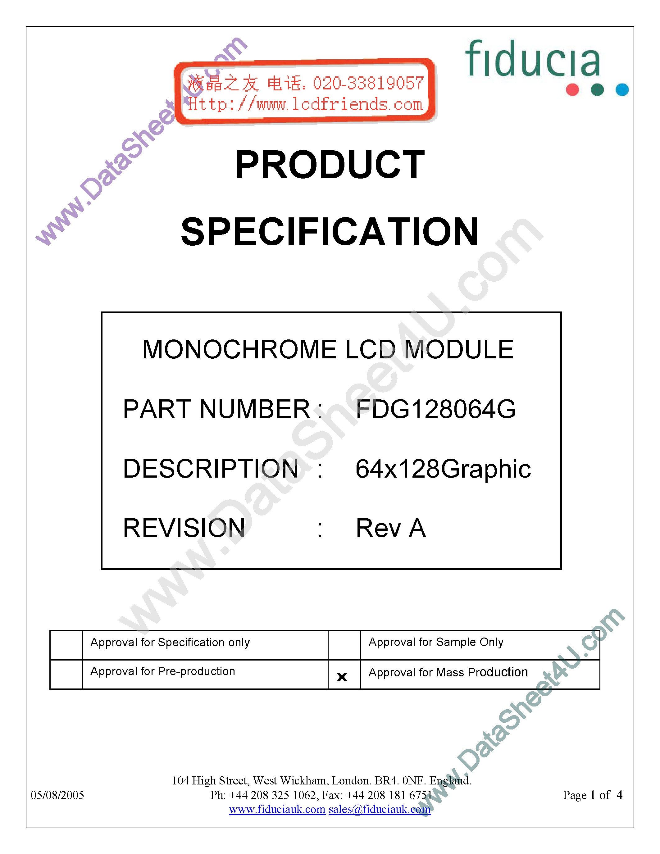 Datasheet FDG128064G - Monochrome Lcd Module page 1