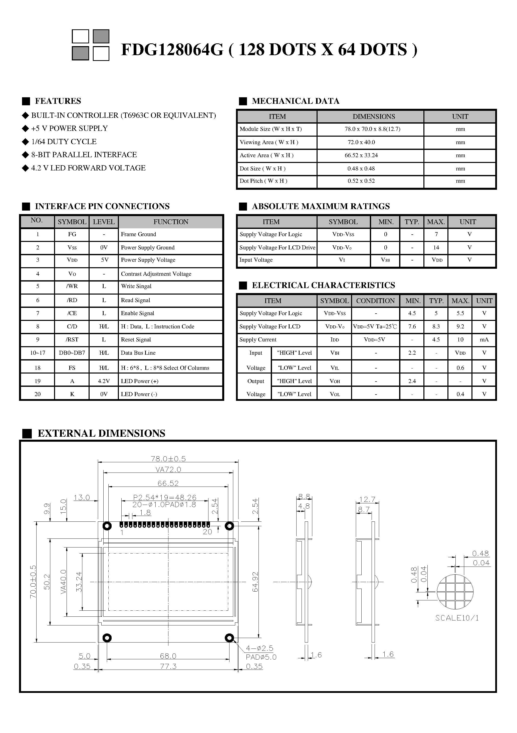 Datasheet FDG128064G - Monochrome Lcd Module page 2