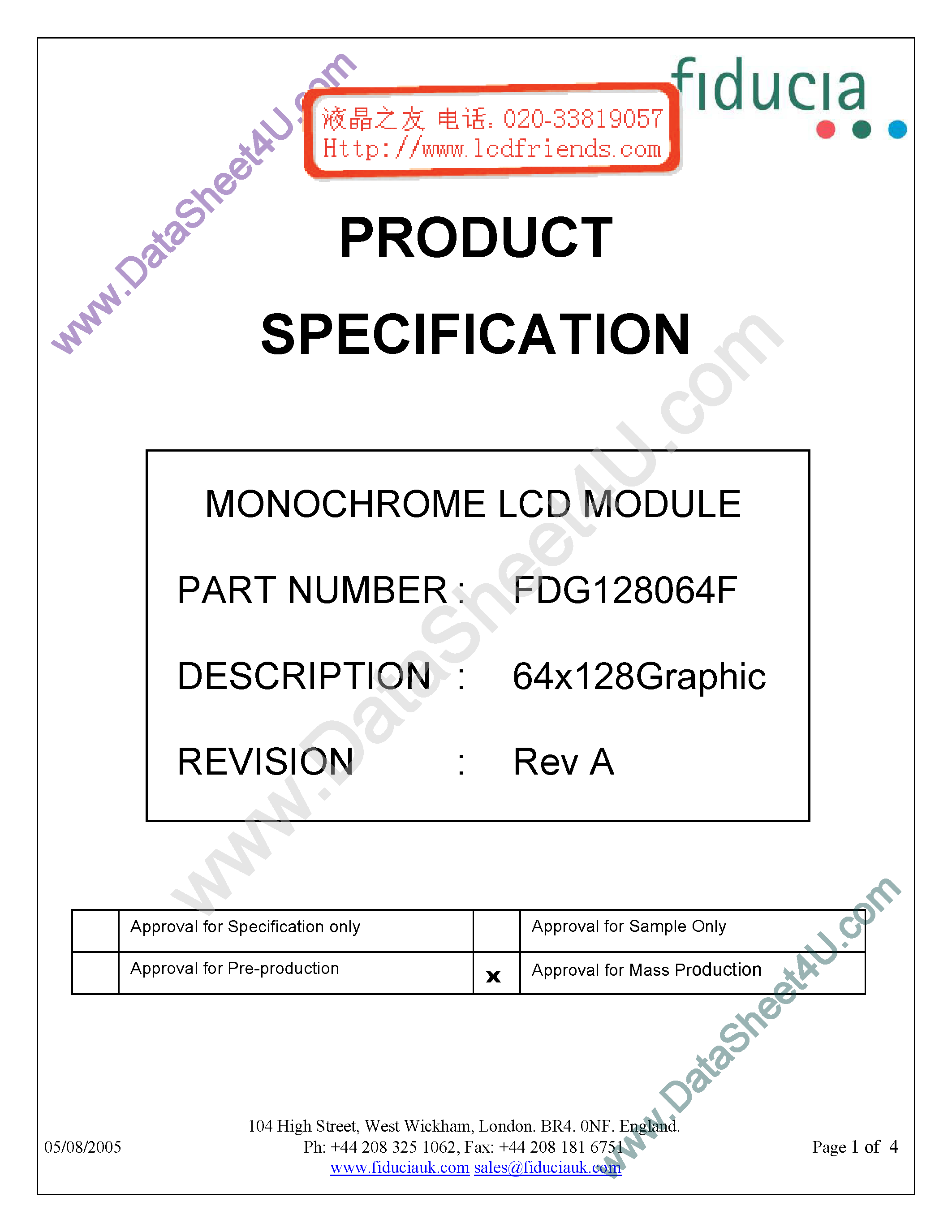 Datasheet FDG128064F - Monochrome Lcd Module page 1