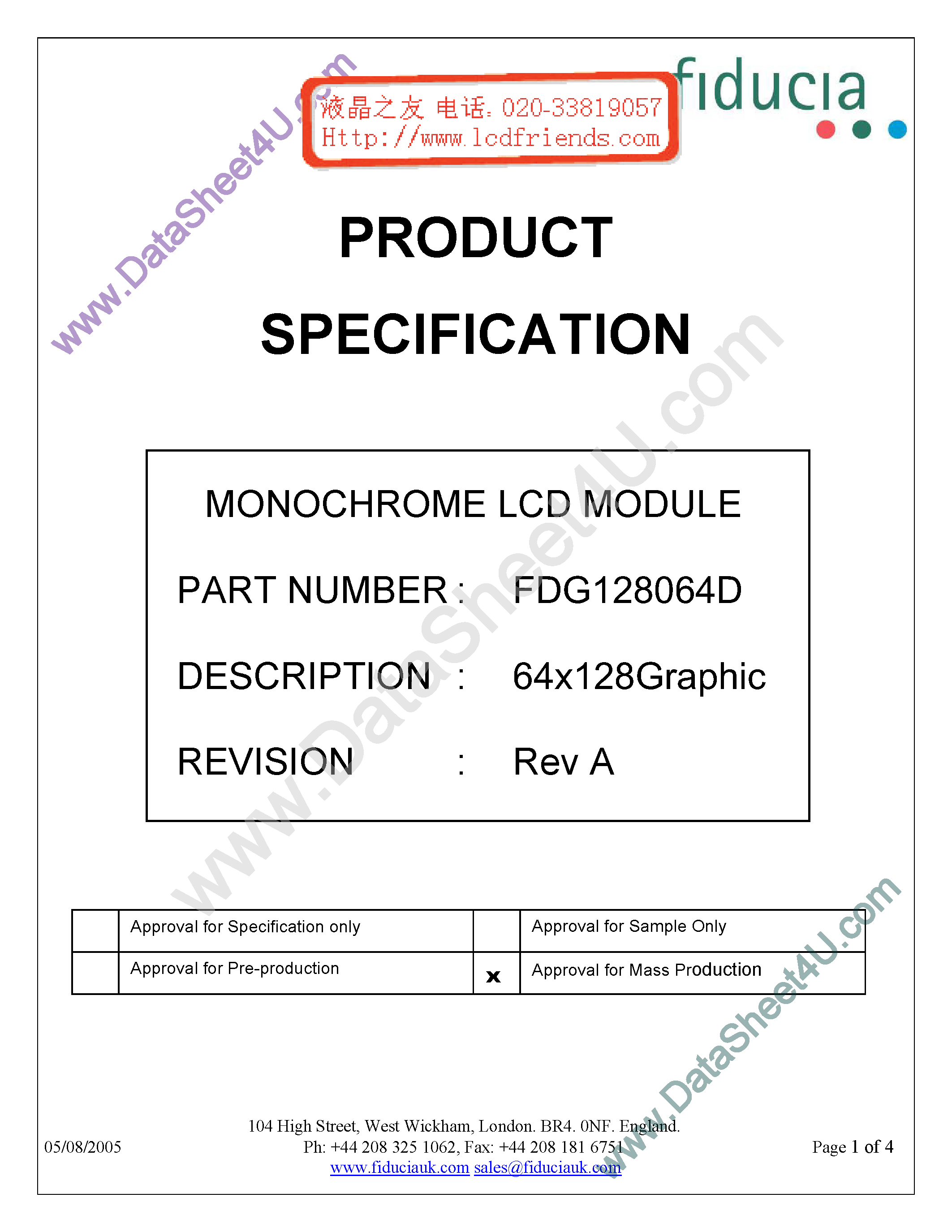 Datasheet FDG128064D - Monochrome Lcd Module page 1