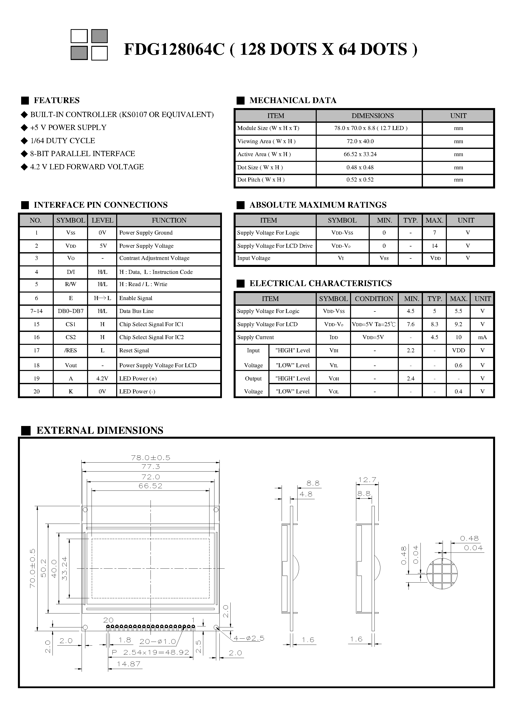 Datasheet FDG128064C - Monochrome Lcd Module page 2