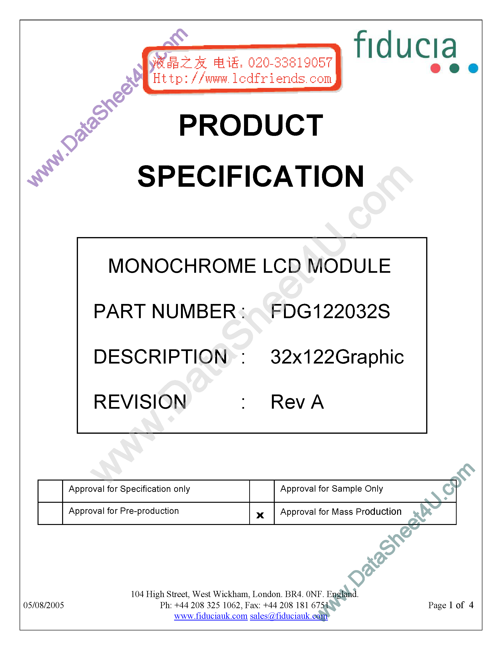 Datasheet FDG122032S - Monochrome Lcd Module page 1