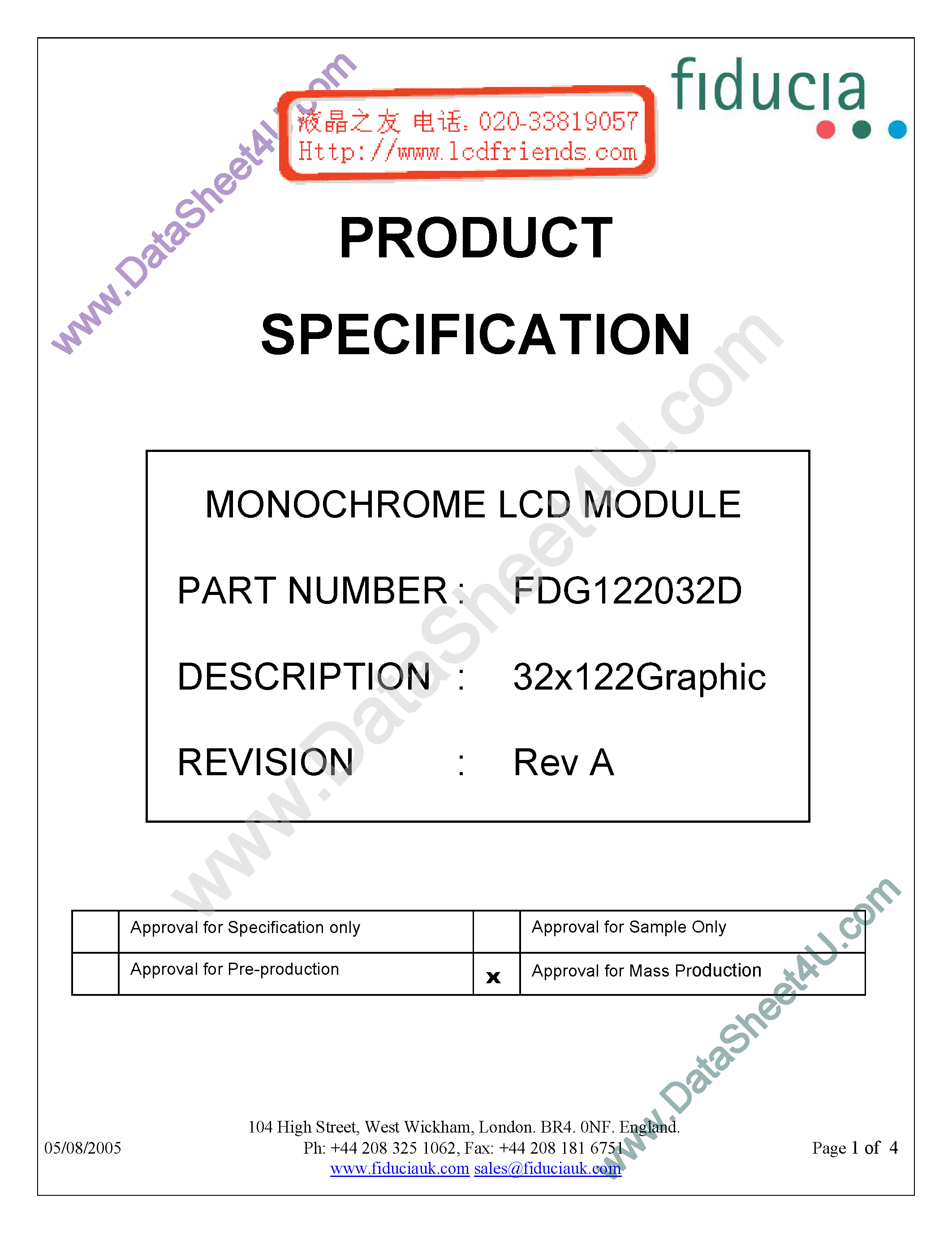 Datasheet FDG122032D - Monochrome Lcd Module page 1
