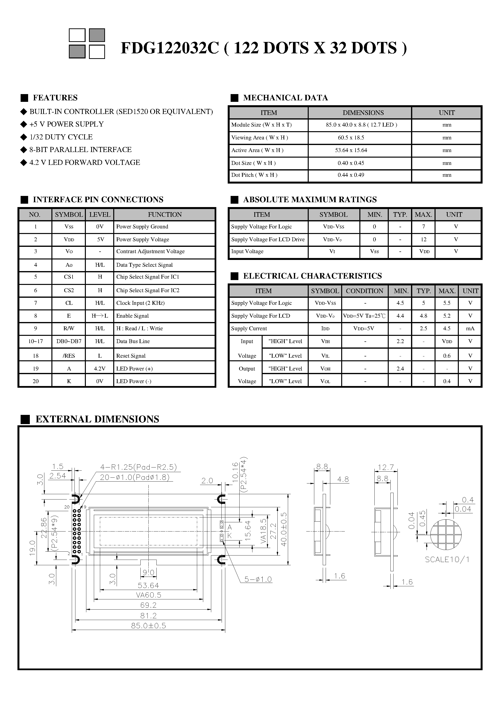 Datasheet FDG122032C - Monochrome Lcd Module page 2