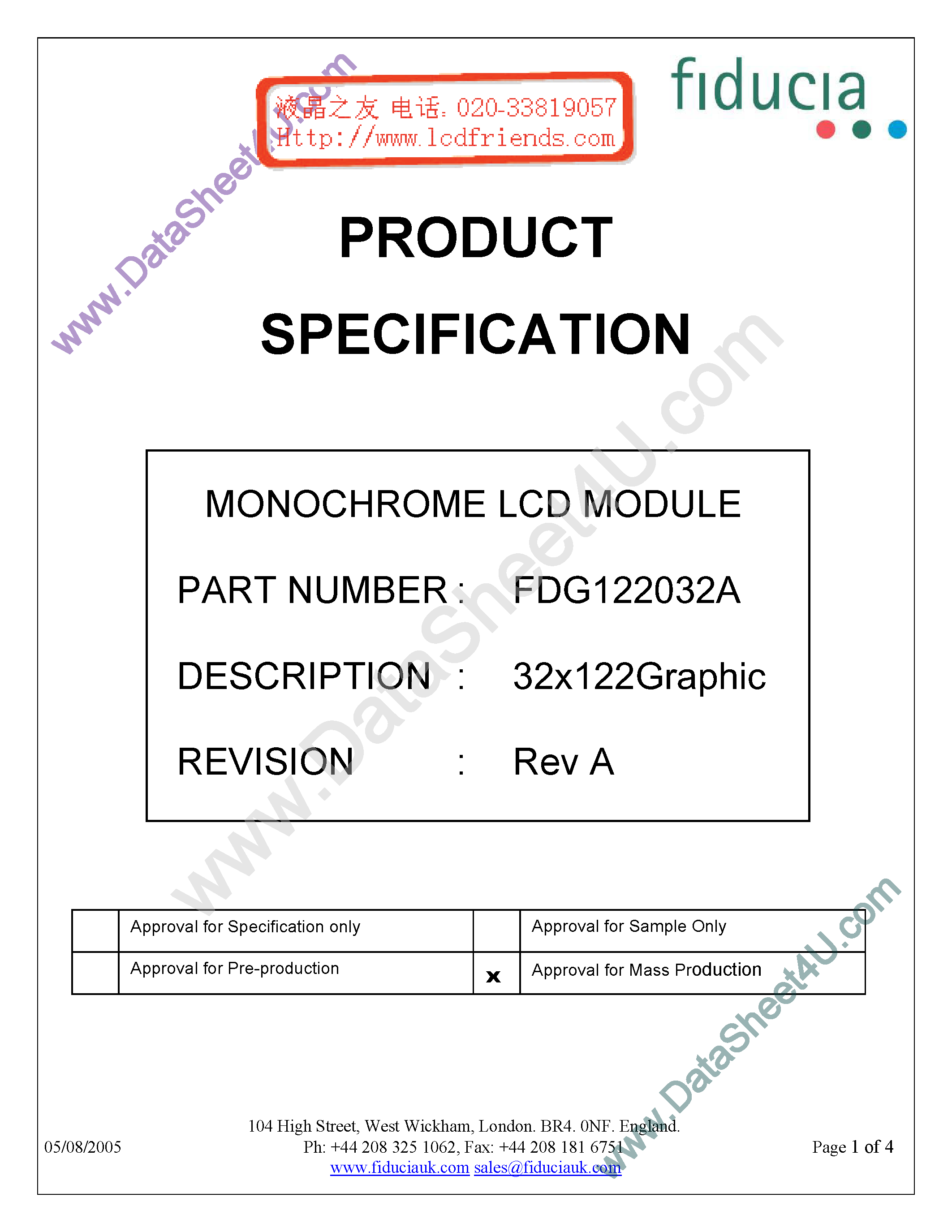 Datasheet FDG122032A - Monochrome Lcd Module page 1